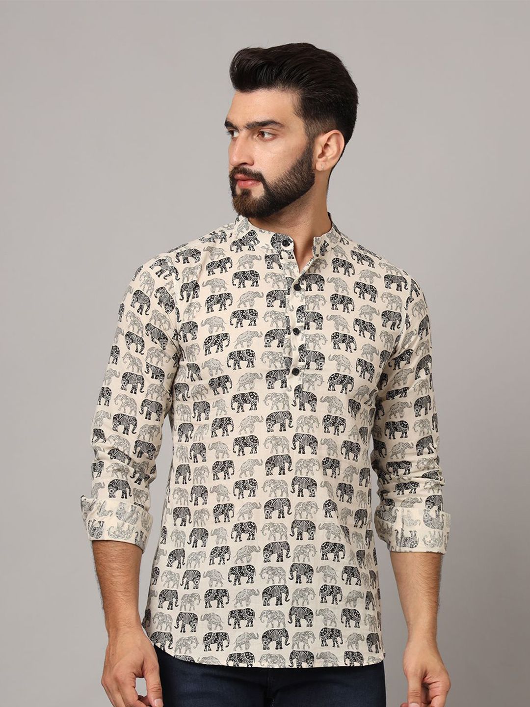 JAPER KURTI Ethnic Motifs Printed Band Collar Pure Cotton Short Kurta