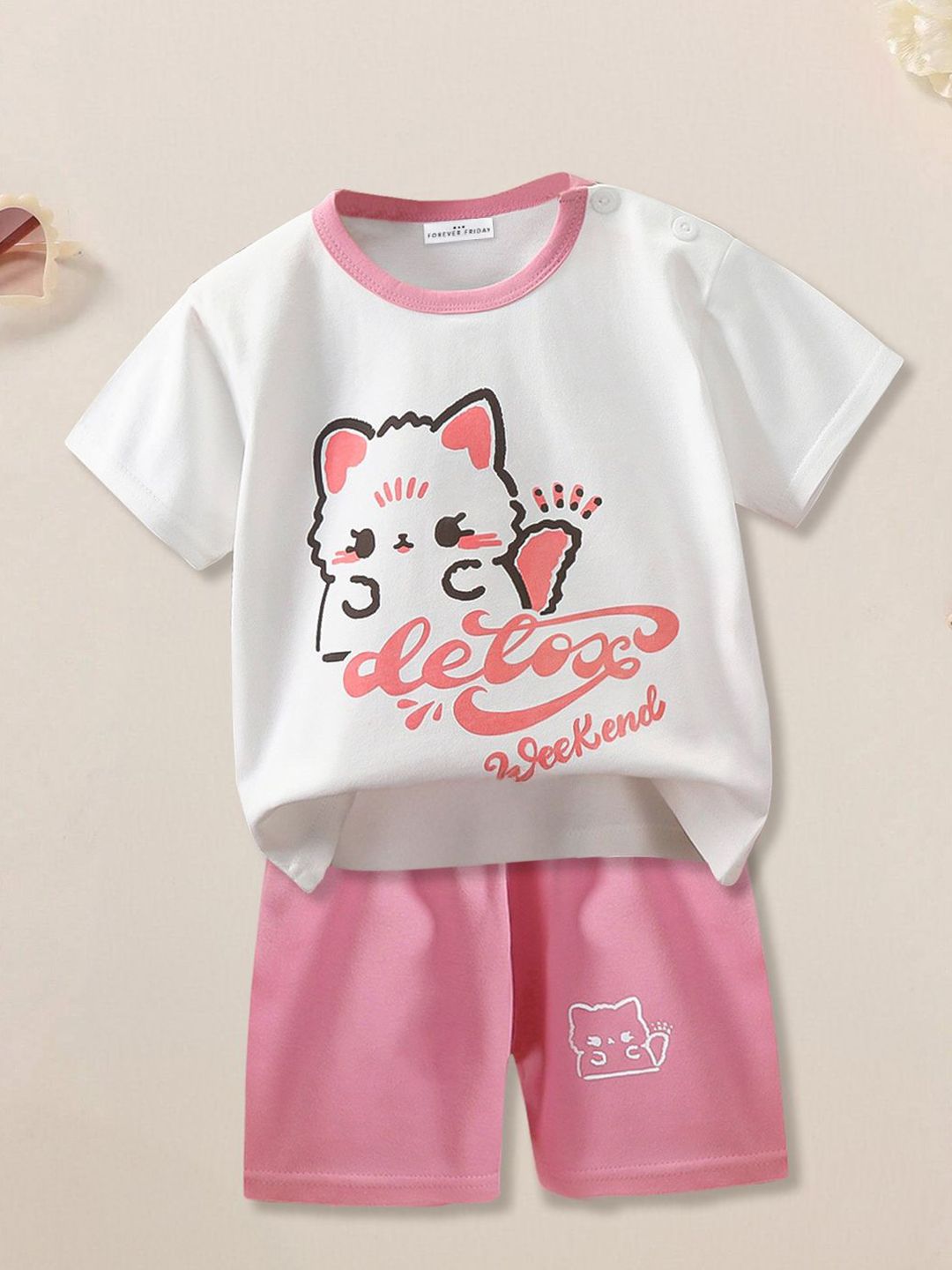 FOREVER FRIDAY Girls Printed Round Neck Short Sleeve T-shirt with Shorts