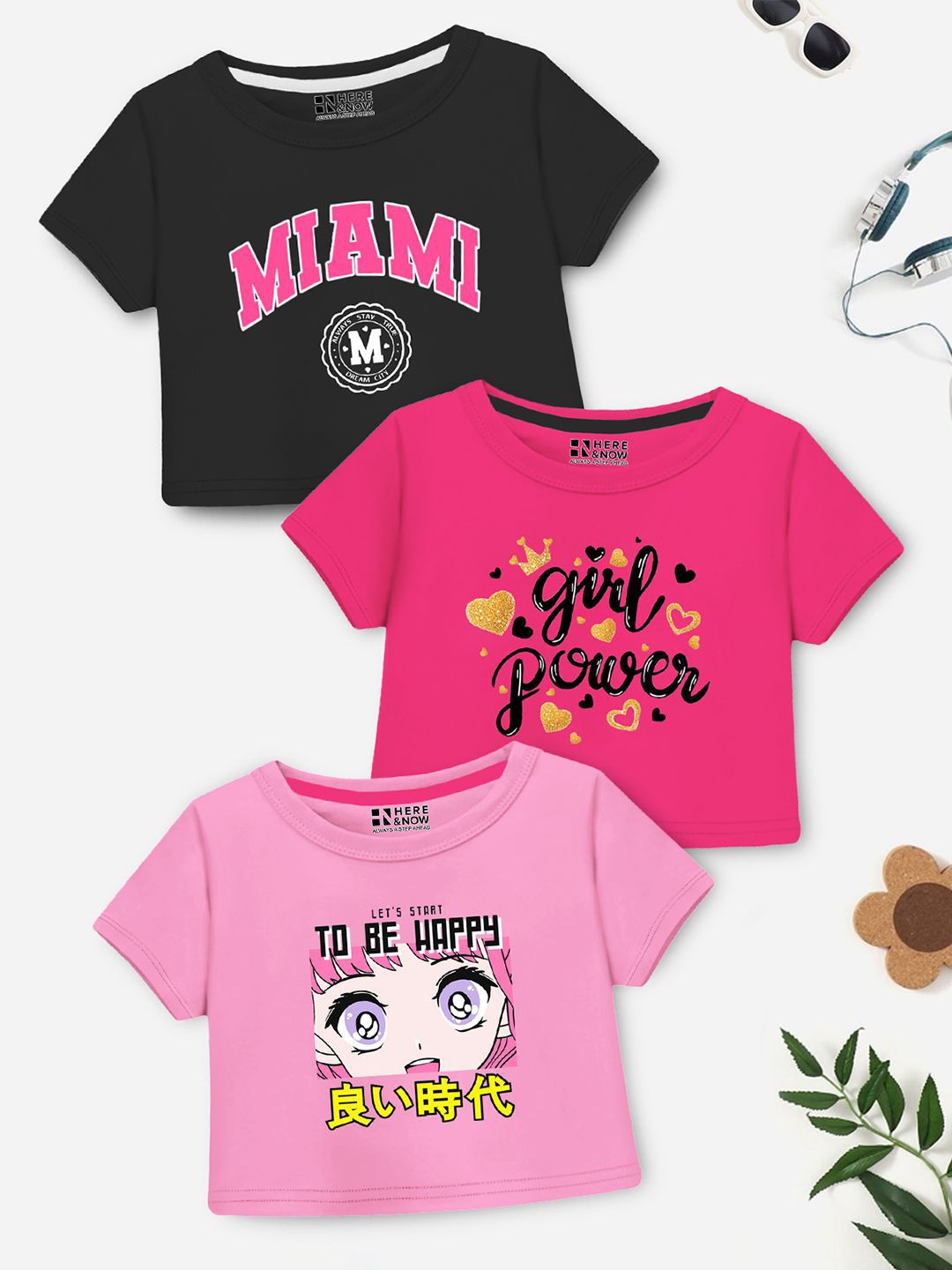 HERE&NOW Girls Pack of 3 Graphic Printed Crop Top