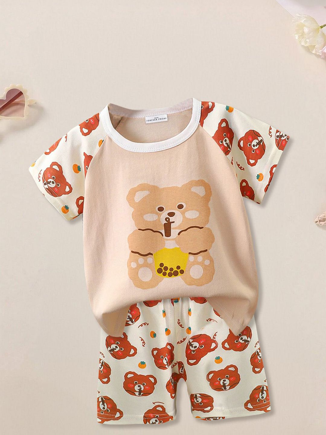 FOREVER FRIDAY Girls Printed Round Neck Short Sleeve T-shirt with Shorts
