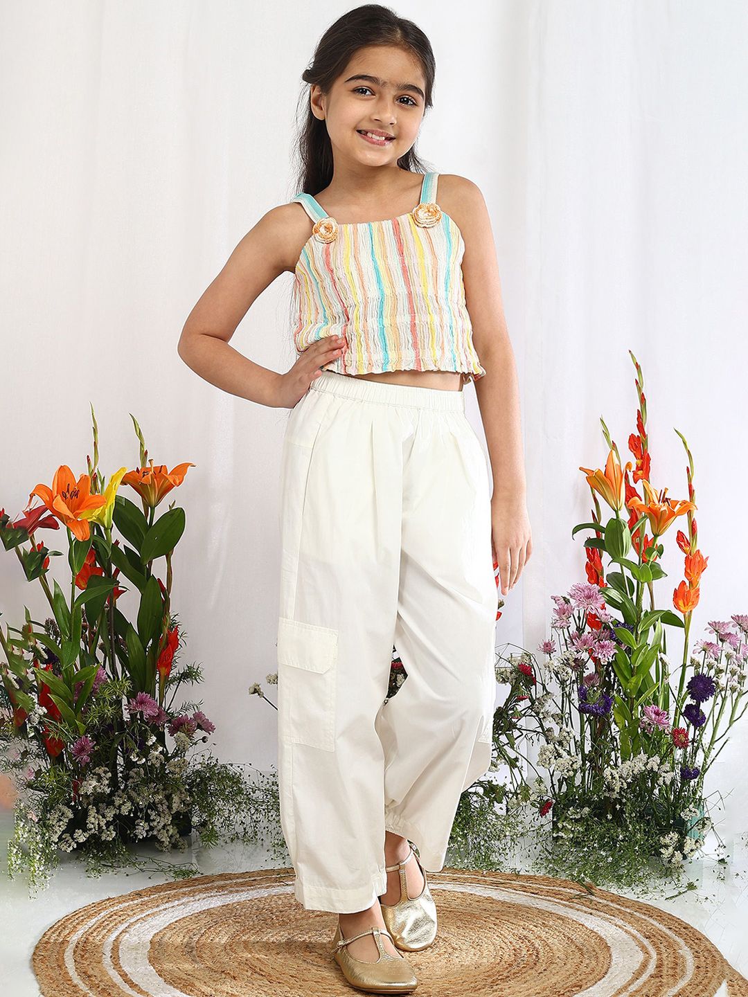 The Tribe Kids Girls Vertical Striped Corsage Shoulder Straps Regular Crop Top