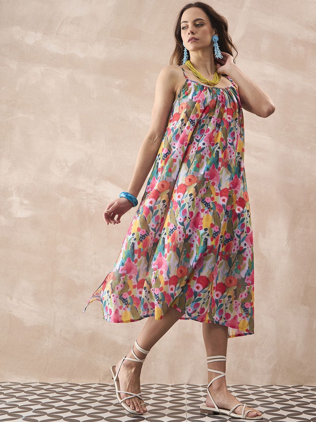 InWeave Women Floral Printed Shoulder Straps A-Line Midi Dress