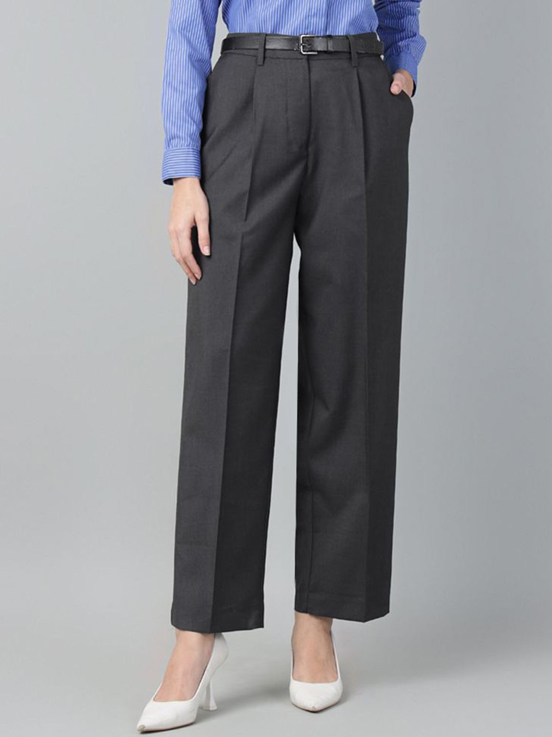 Hancock Women Solid Wide Leg Pleated High-Rise Wrinkle Ressistant Stretchable Trousers