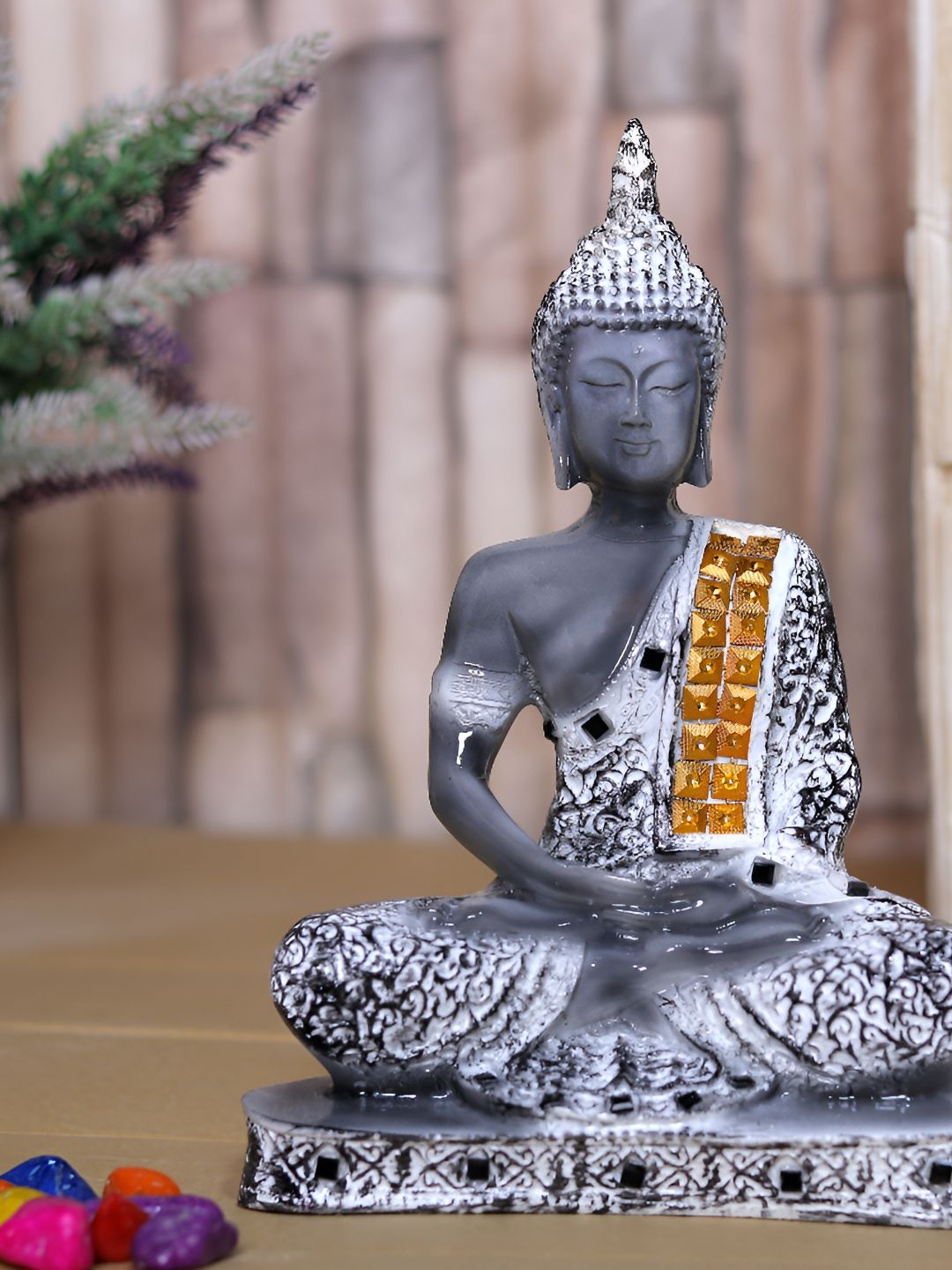Aura Meditation Lord Buddha Black Marble Metallic Prayer Room Medium Showpiece - 9.4 Inches