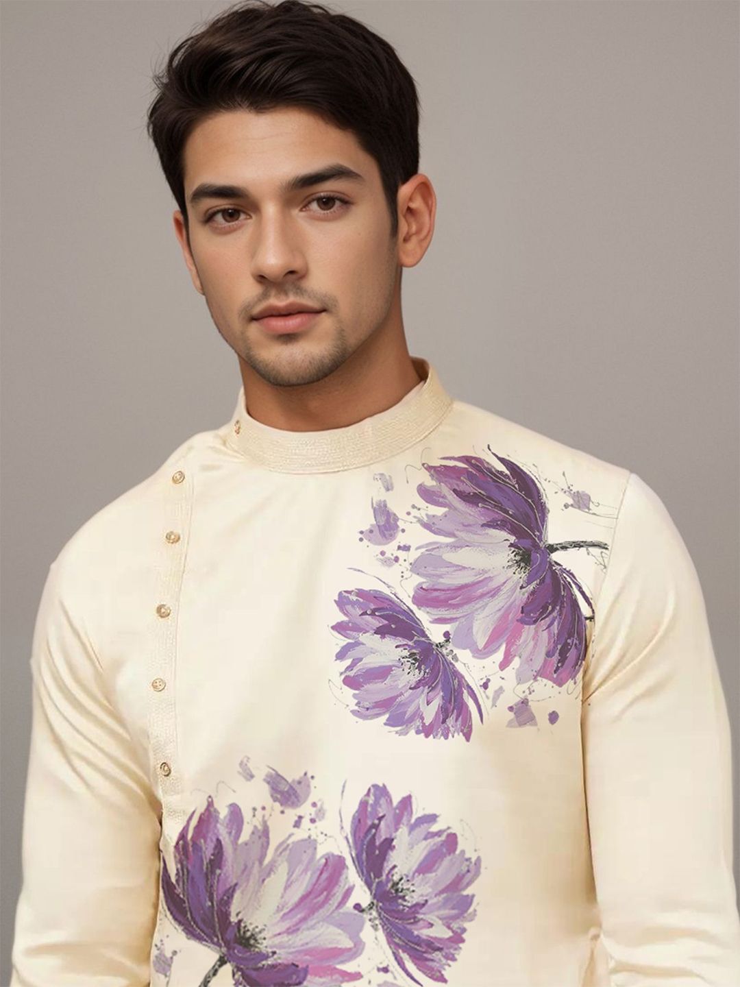 PulseIQ Men Floral Printed Mandarin Collar Regular Thread Work Cotton Straight Kurta