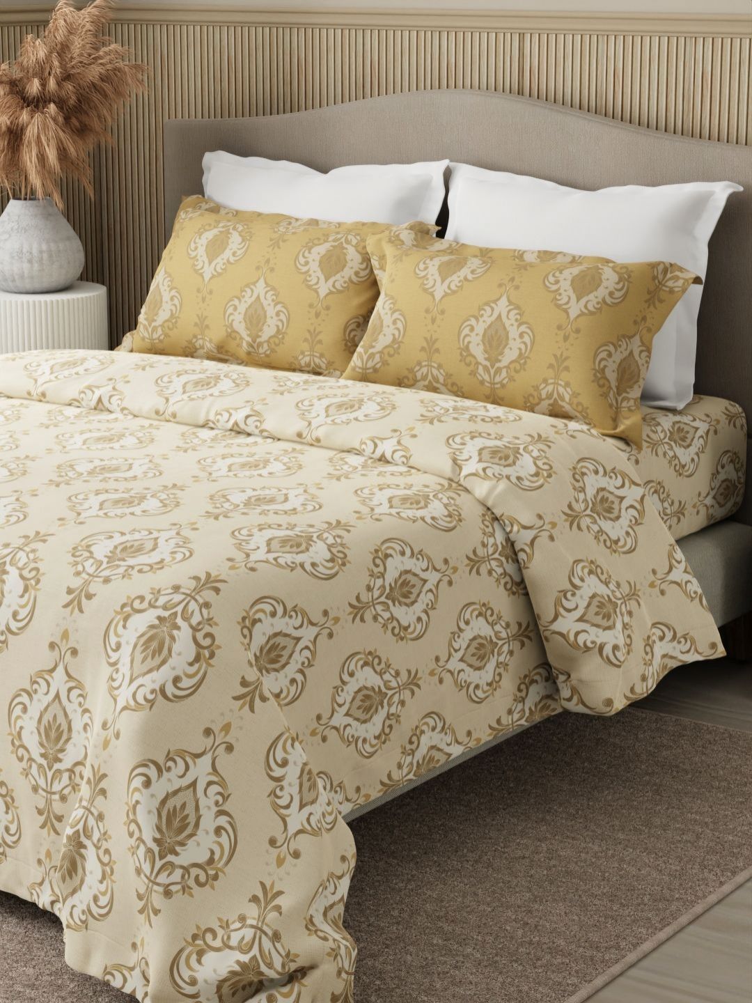 Boutique Living India Boutique Living India Embrace Yellow Printed 152TC Cotton Queen Bedsheet Set 2.54m x 2.24m