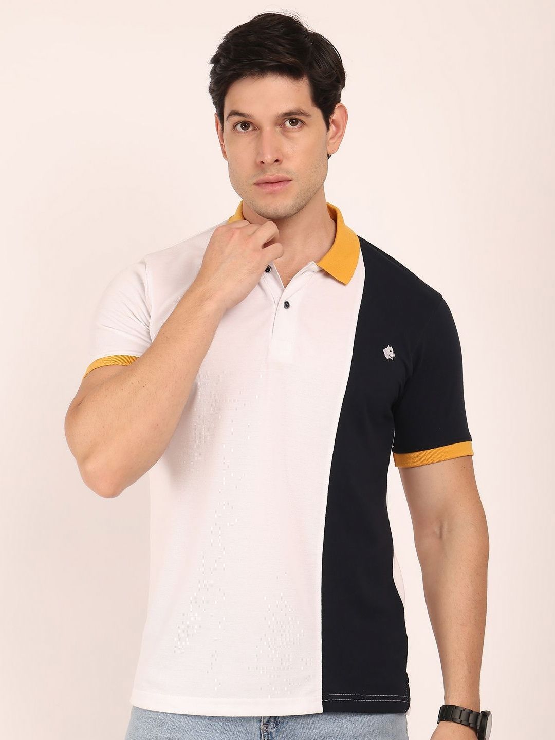 BUNCH OF BAD Colourblocked Polo Collar Cotton T-shirt
