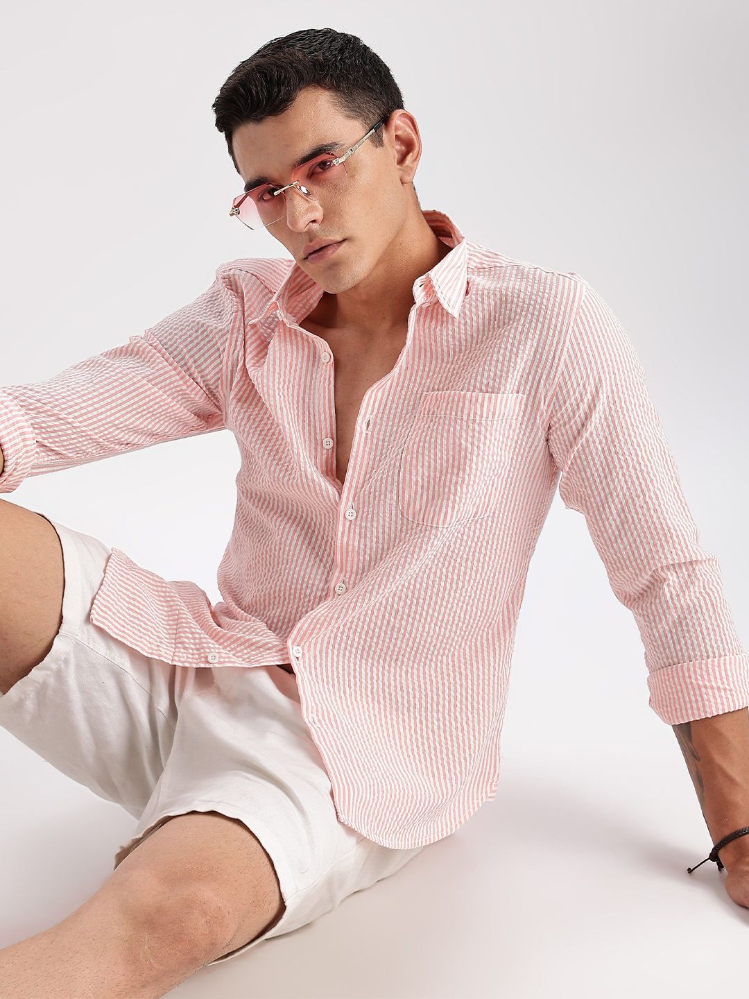 HERE&NOW Slim Fit Vertical Striped Seersucker Opaque Casual Shirt