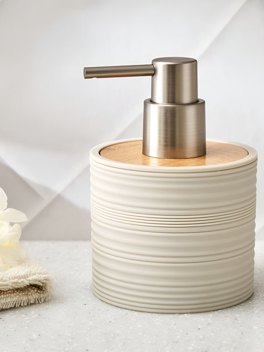 Home Centre Beige & Off White Striped Plastic Soap Dispenser