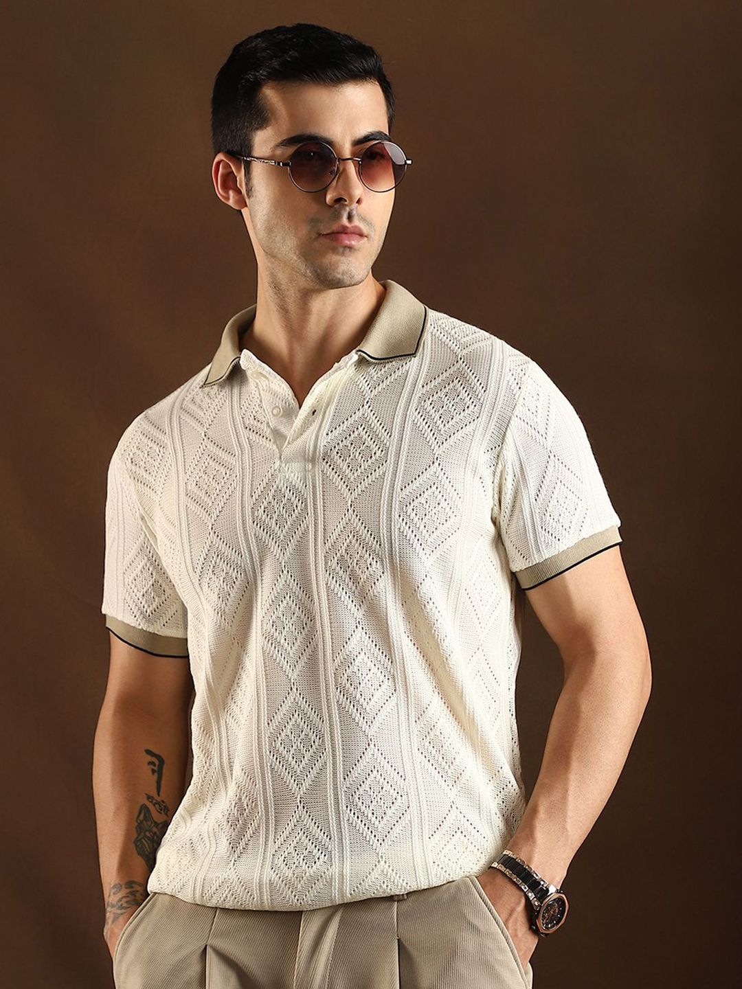 CAHOOT Geometric Self Design Polo Collar Cotton T-shirt
