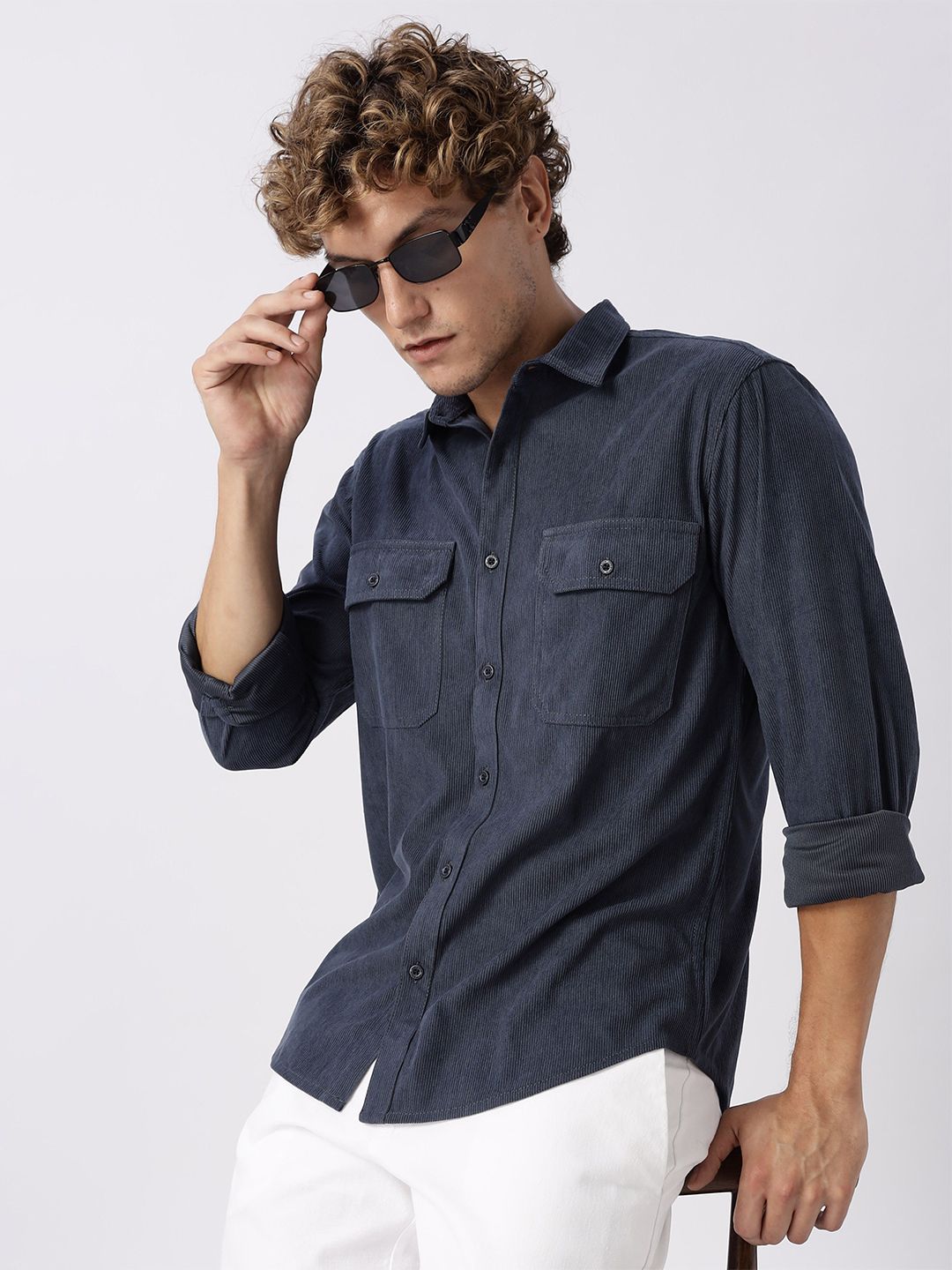 HERE&NOW Regular Fit Vertical Striped Corduroy Opaque Casual Shirt