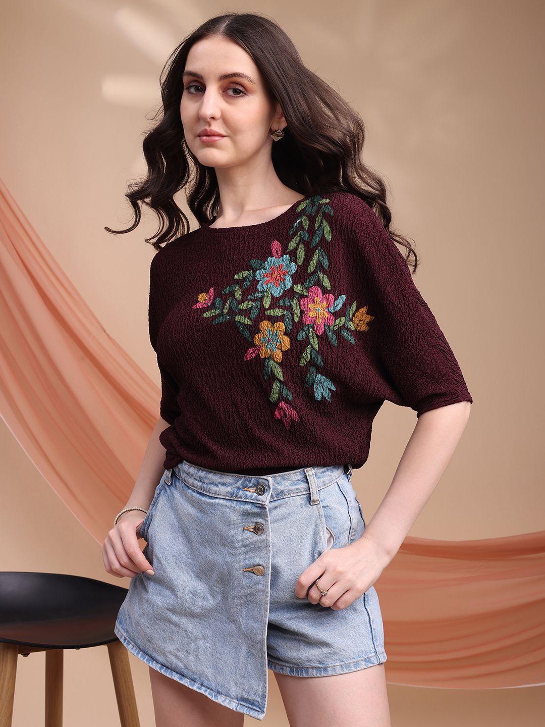 Buy Kinjo Floral Printed Boat Neck Extended Sleeves Scuba Top