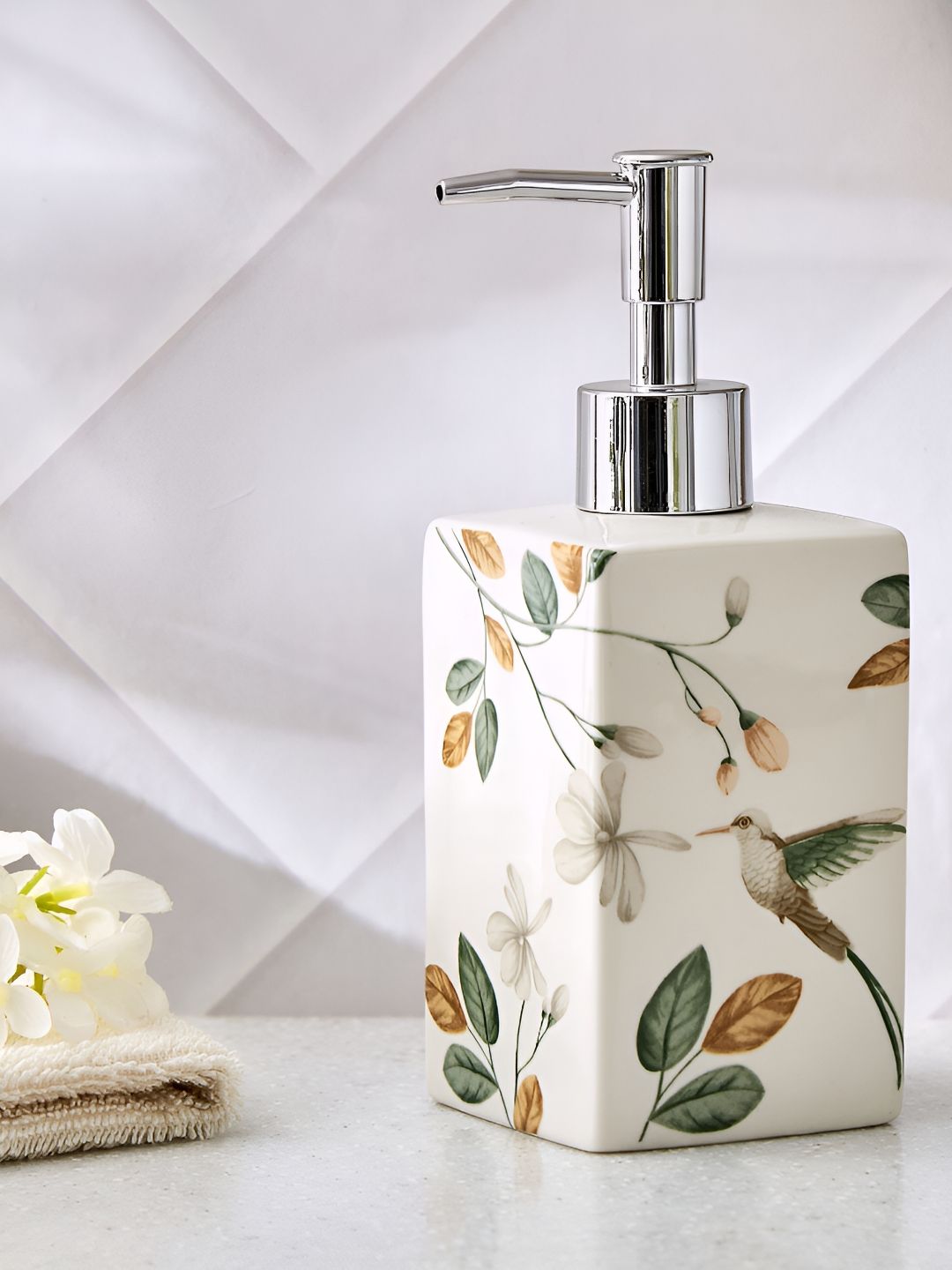 Home Centre White & Green Floral Ceramic Soap Dispenser