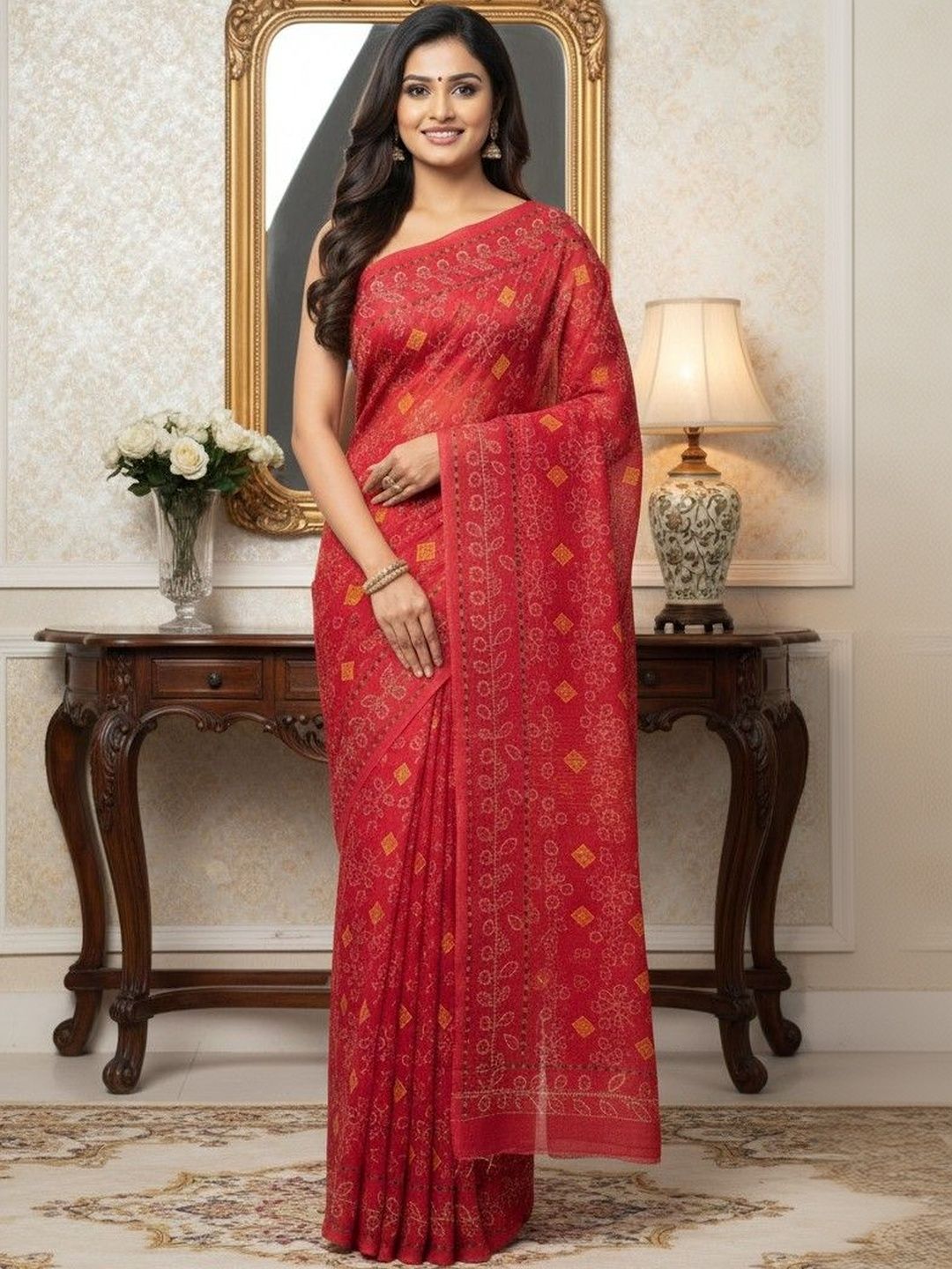 yashvi fab Bandhani Pure Cotton Block Print Saree