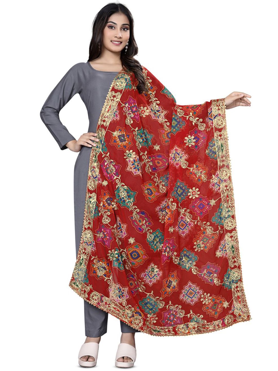 Kemza Embroidered Leheriya Dupatta with Sequinned