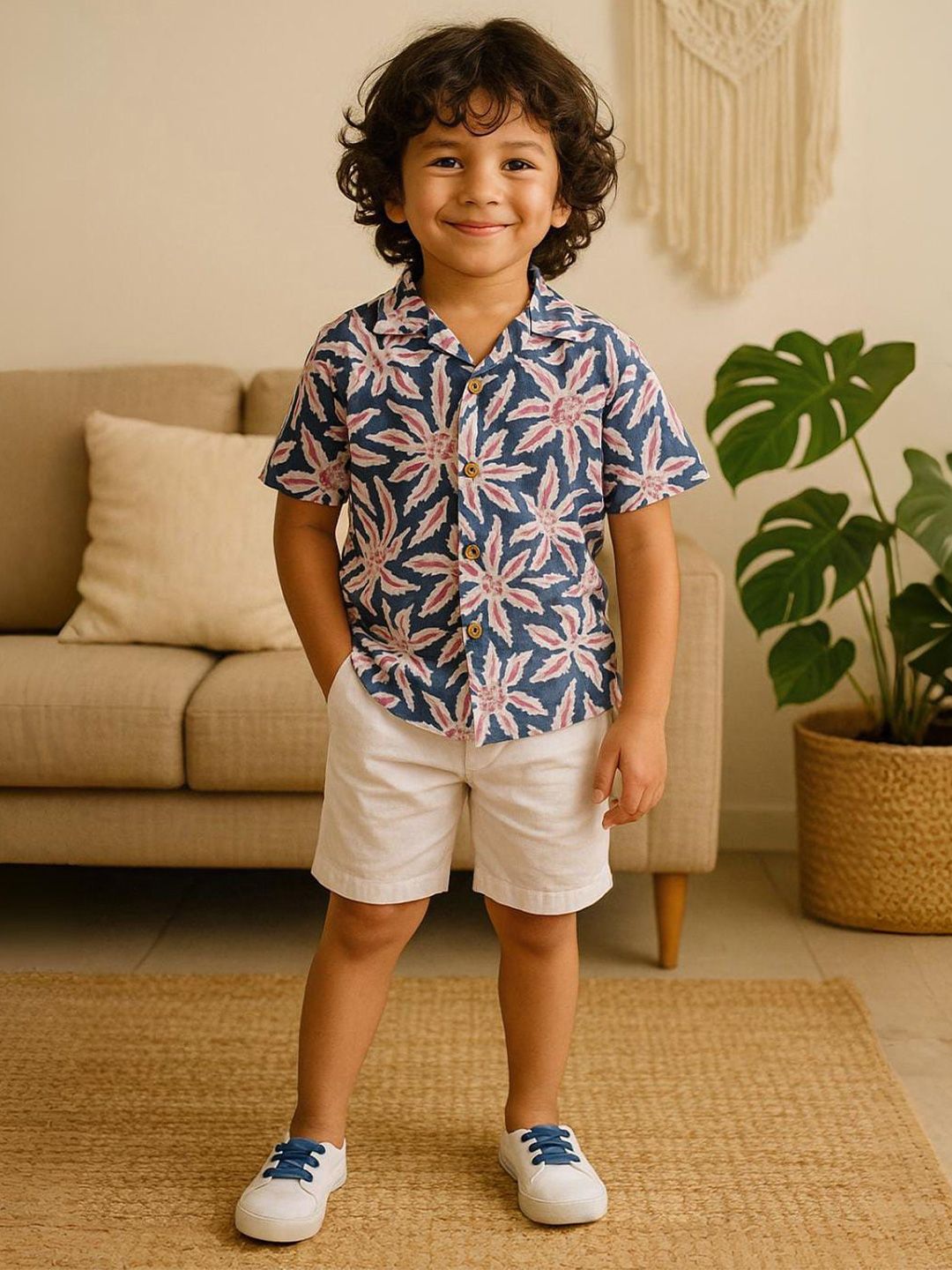Urban Birdie Boys Comfort Fit Floral Printed Cuban Collar Cotton Casual Shirt