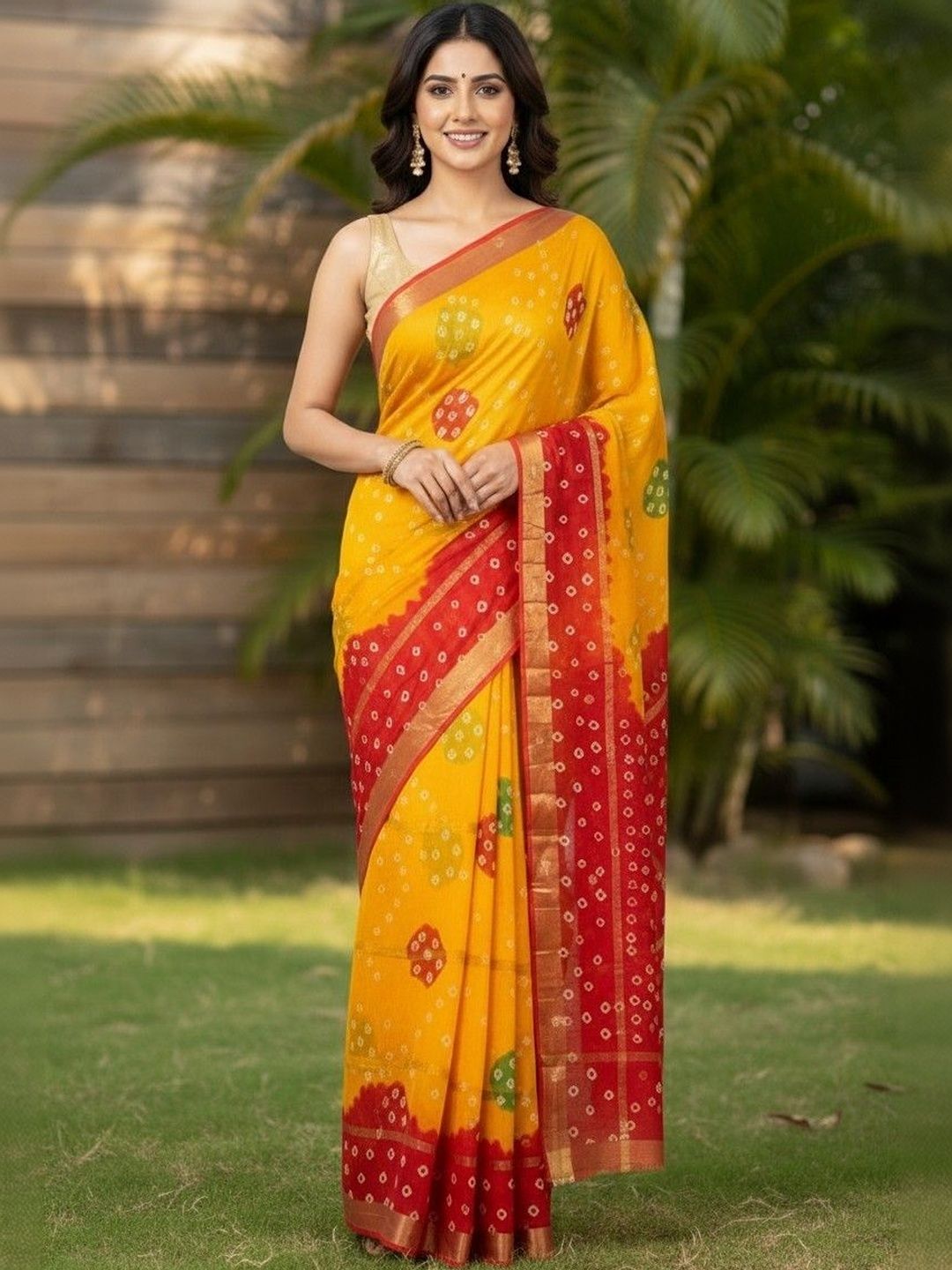 yashvi fab Bandhani Zari Pure Cotton Handloom Bandhani Saree