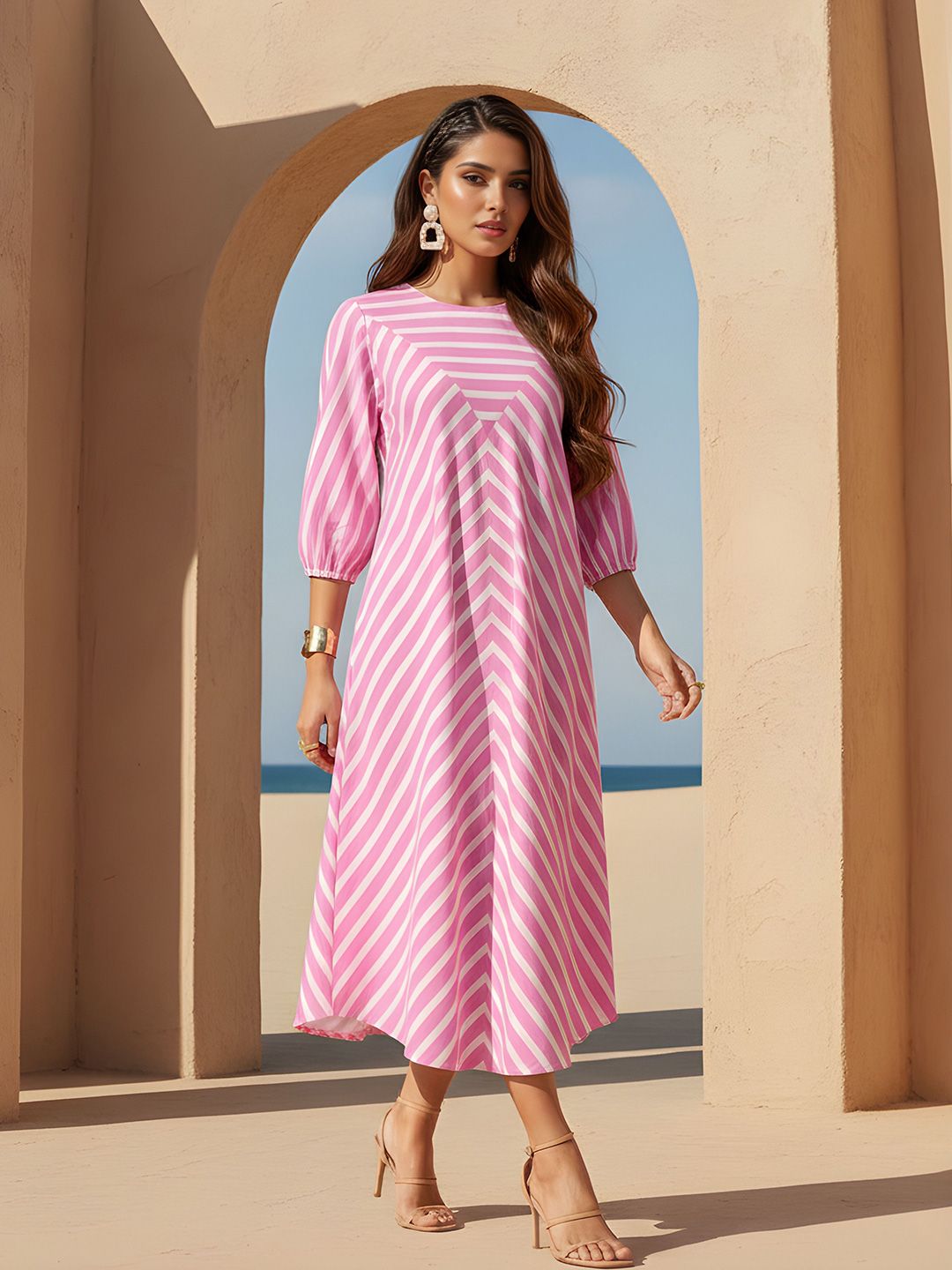 Striped A-Line Midi Puff Sleeve Dress Dora Dori Striped Puff Sleeve A-Line Midi Dress