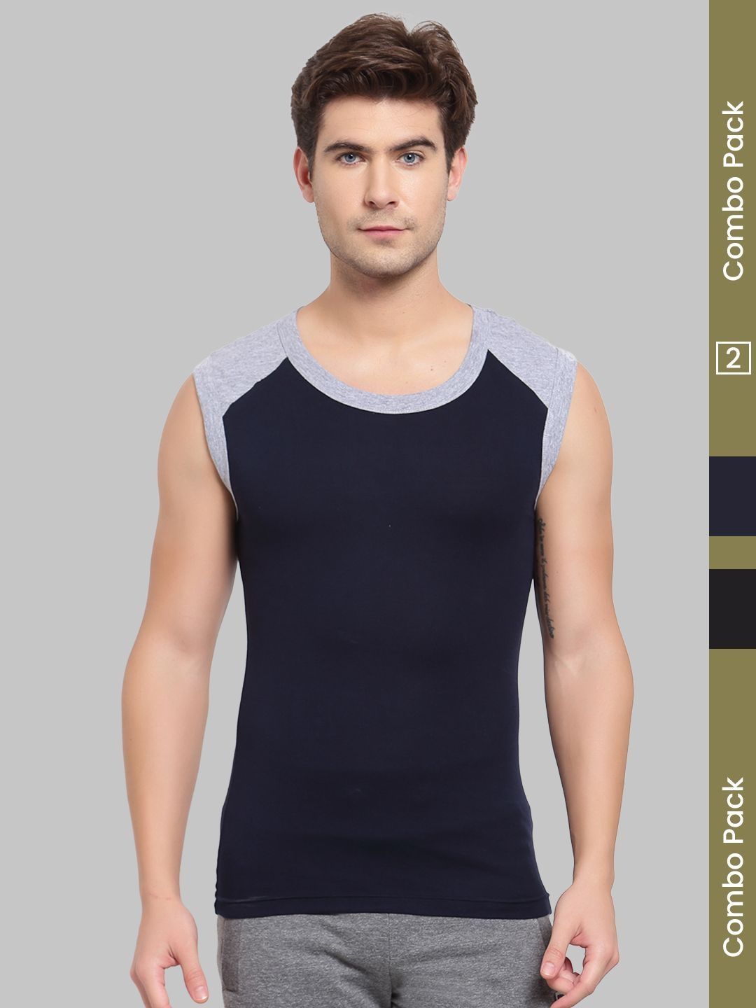 MACHO Pack Of 2 Cotton Round Neck Assorted Gym Vests