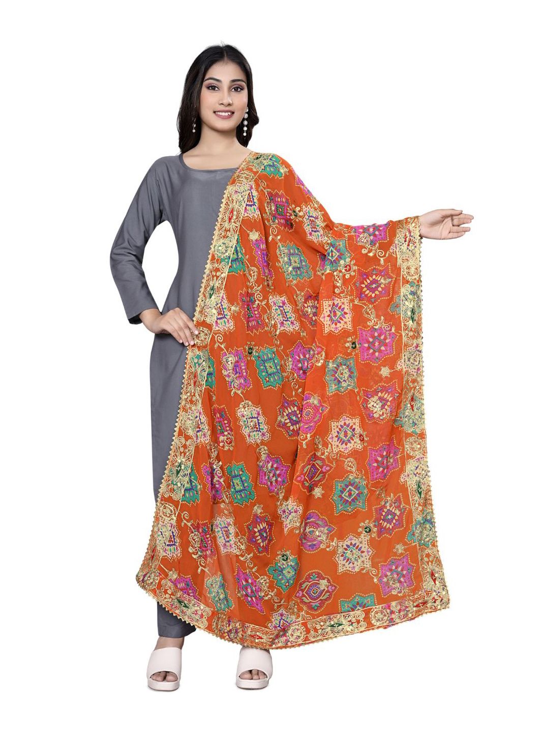 Kemza Embroidered Bandhani Dupatta with Sequinned