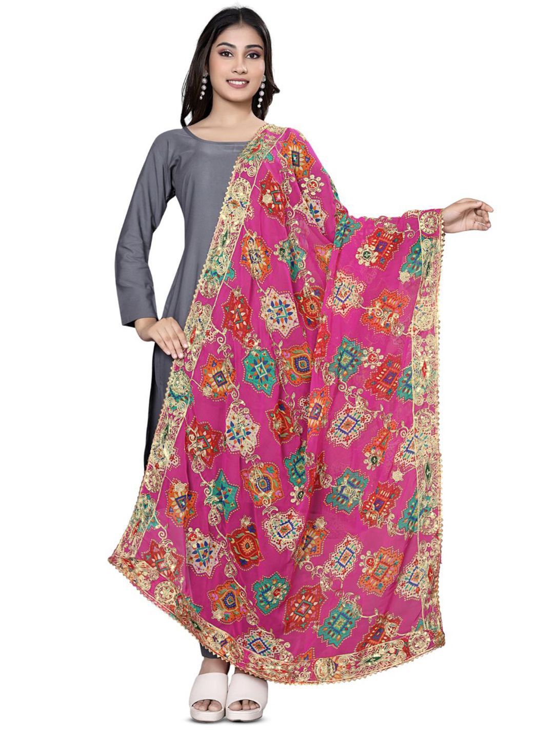 Kemza Embroidered Bandhani Dupatta with Sequinned