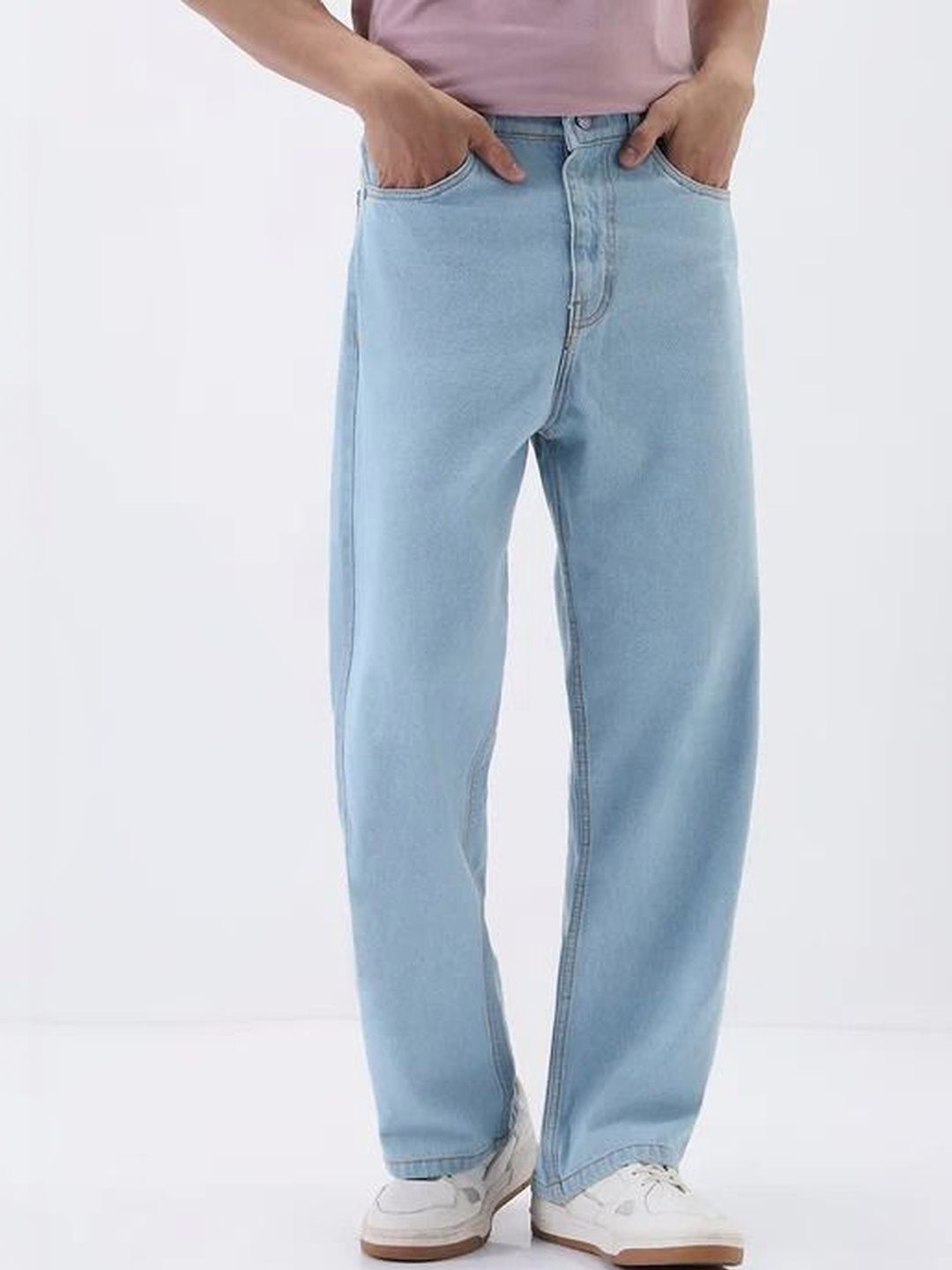 Niffar Fashion Men Wide Leg Mid-Rise Light Fade Applique Jeans