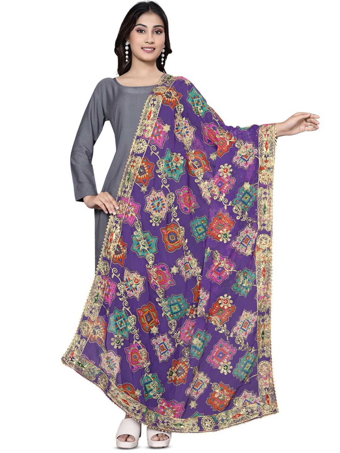 Kemza Embroidered Bandhani Dupatta with Sequinned