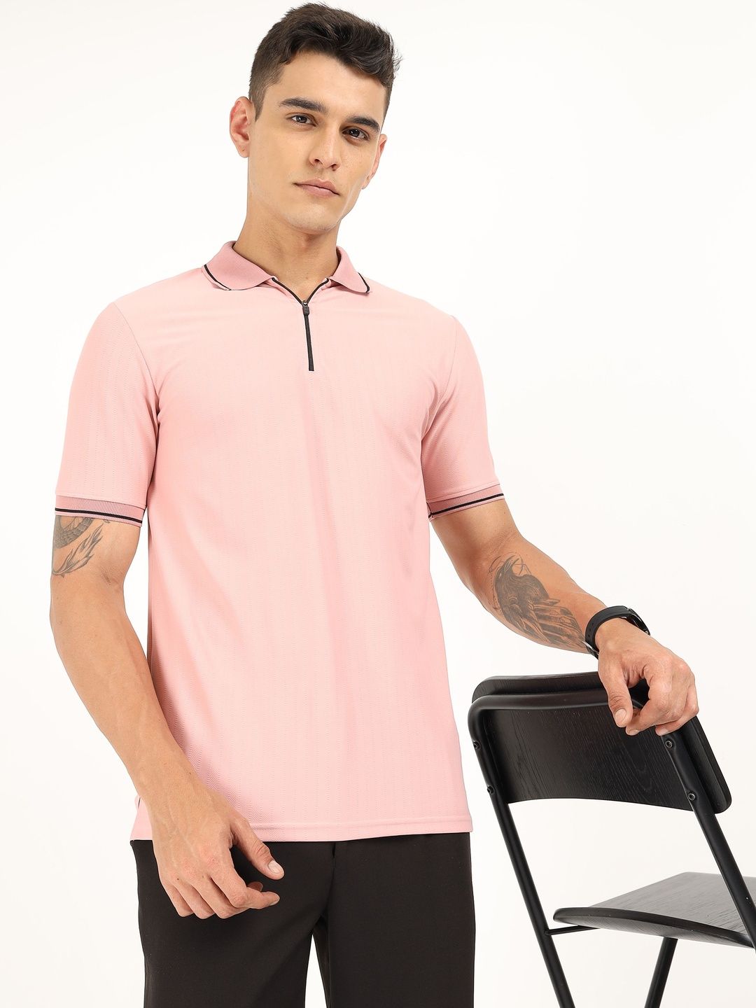 THE BEETEL HOUSE Men Self Design Polo Collar T-shirt