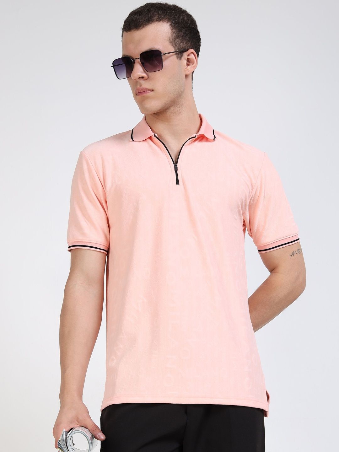 THE BEETEL HOUSE Men Textured Polo Collar T-shirt