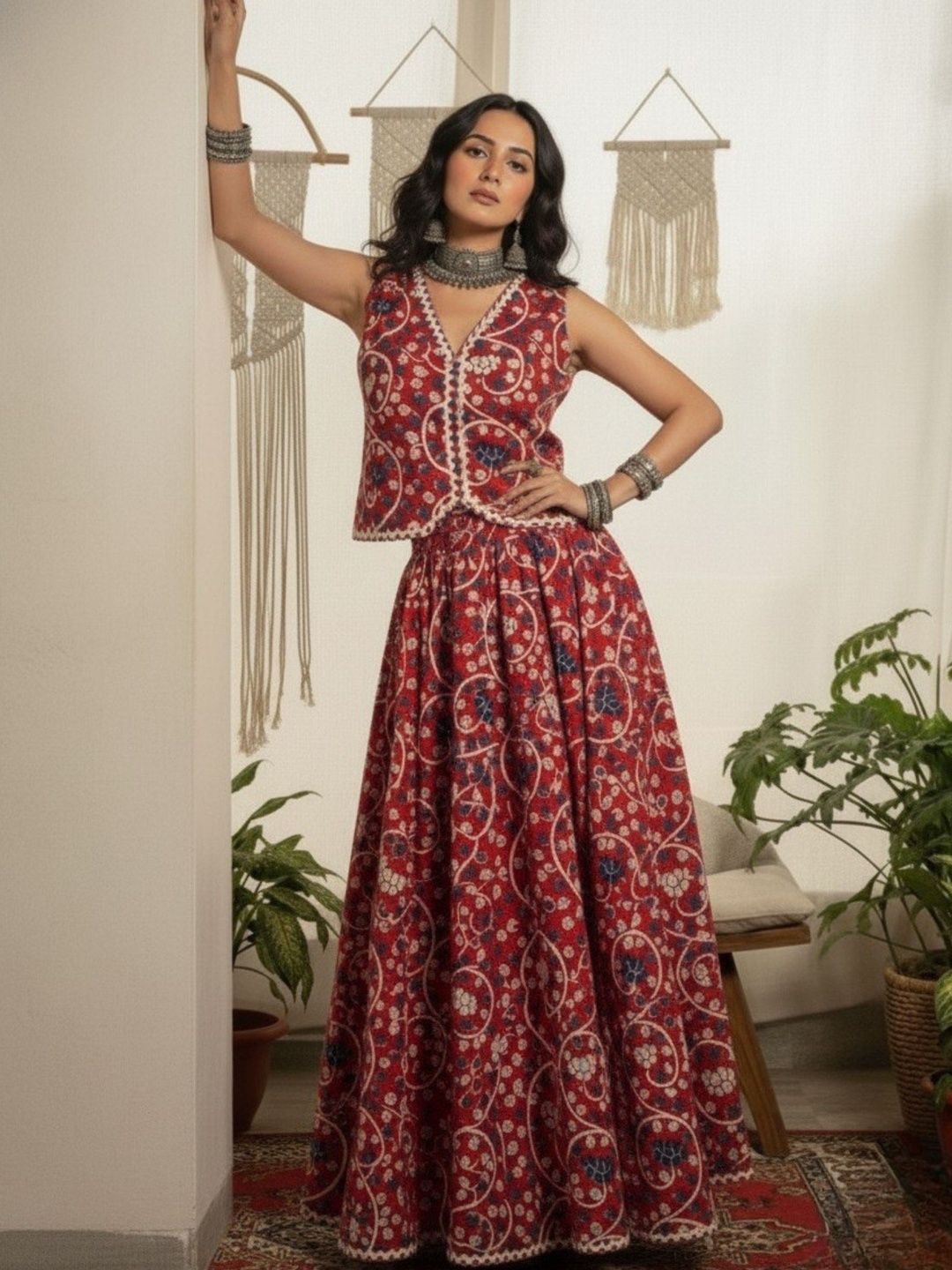 WineRed Printed Pure Cotton V-Neck Waistcoat With Skirt Co-Ords