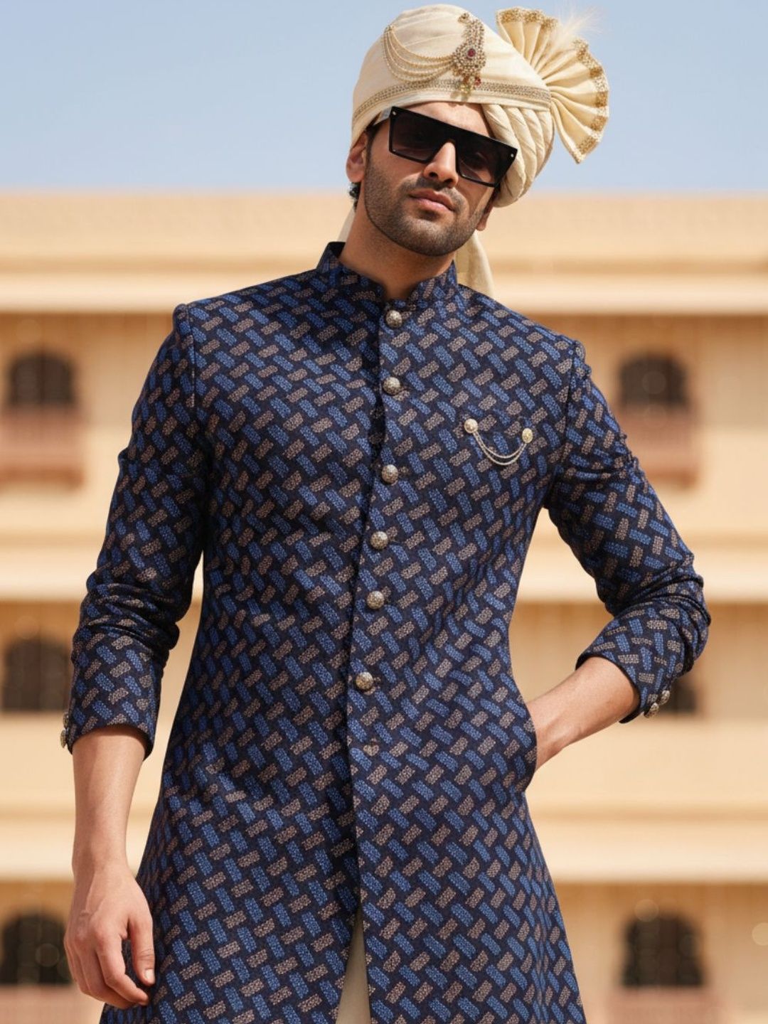 KISAH Men Geometric Textured Indowestern Sherwani Churidar Set