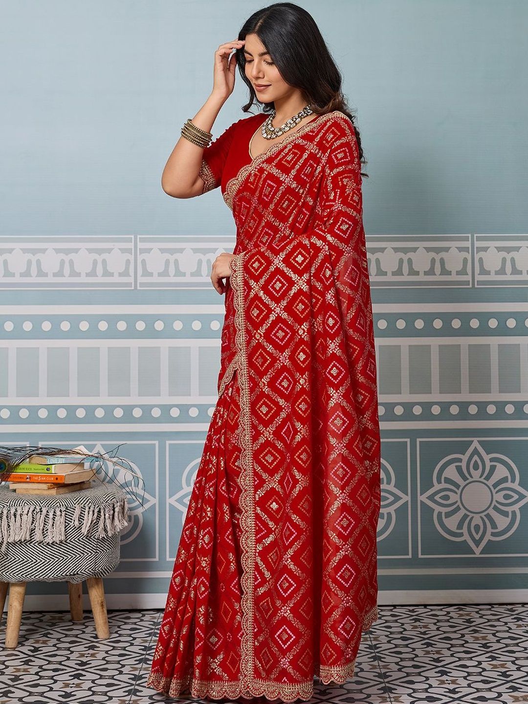 PBS PRINTS Ethnic Motifs Zari Silk Blend Heavy Work Bandhani Saree
