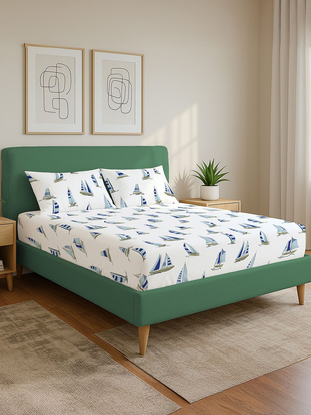 URBAN SPACE Divine Ocean Boats Printed Cotton 144 TC King Bedsheet With 2 Pillow Covers