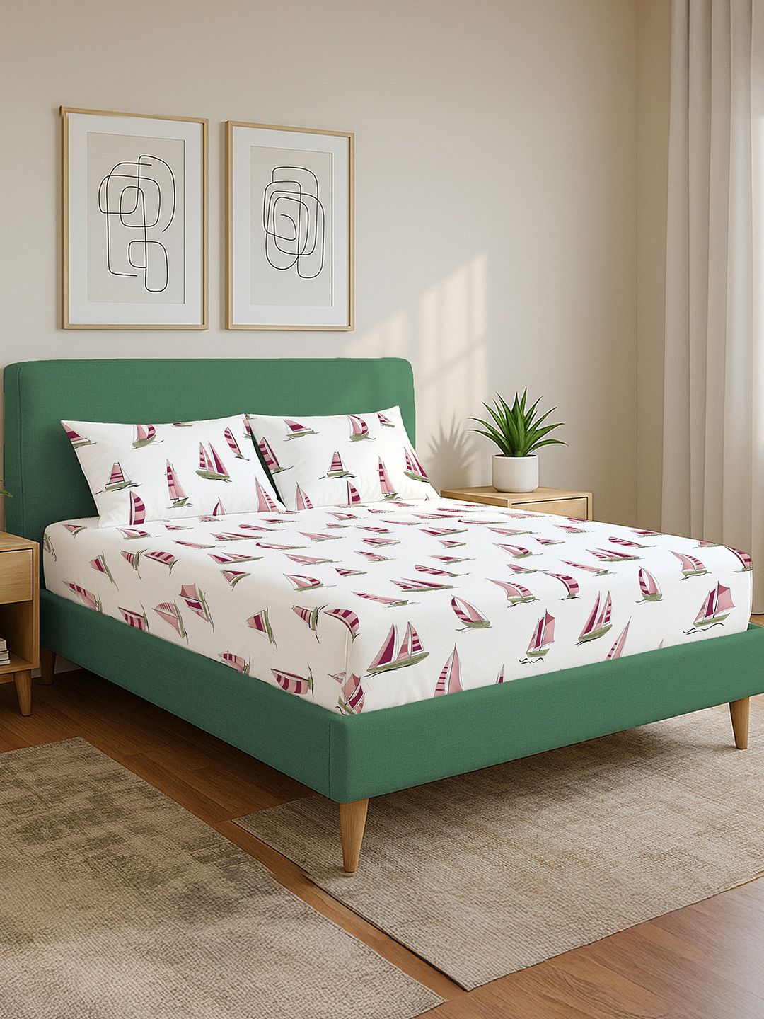 URBAN SPACE Divine Ocean Boats Printed Cotton 144 TC King Bedsheet With 2 Pillow Covers