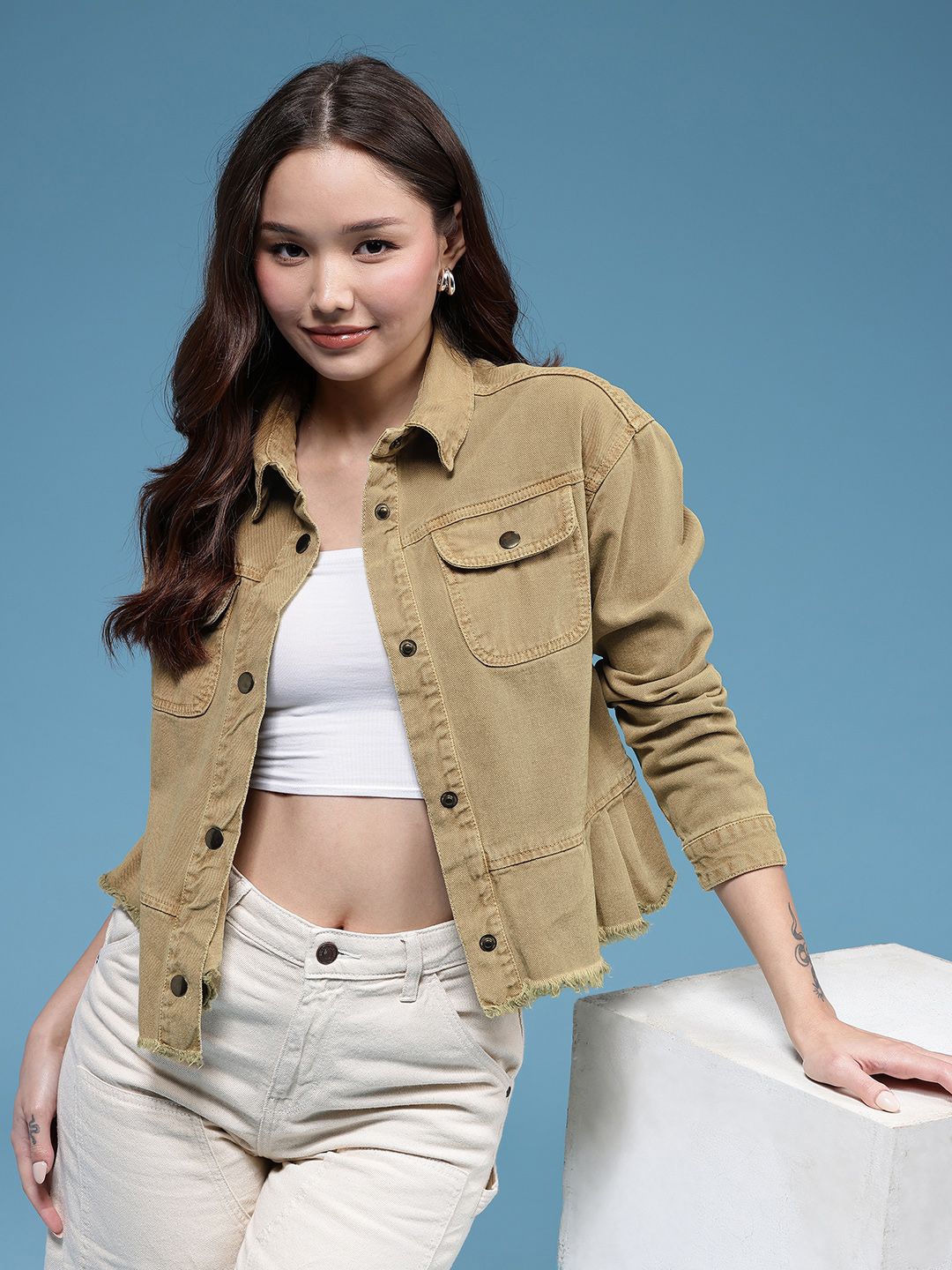 HERE&NOW Pleated Detail Pure Cotton Denim Jacket