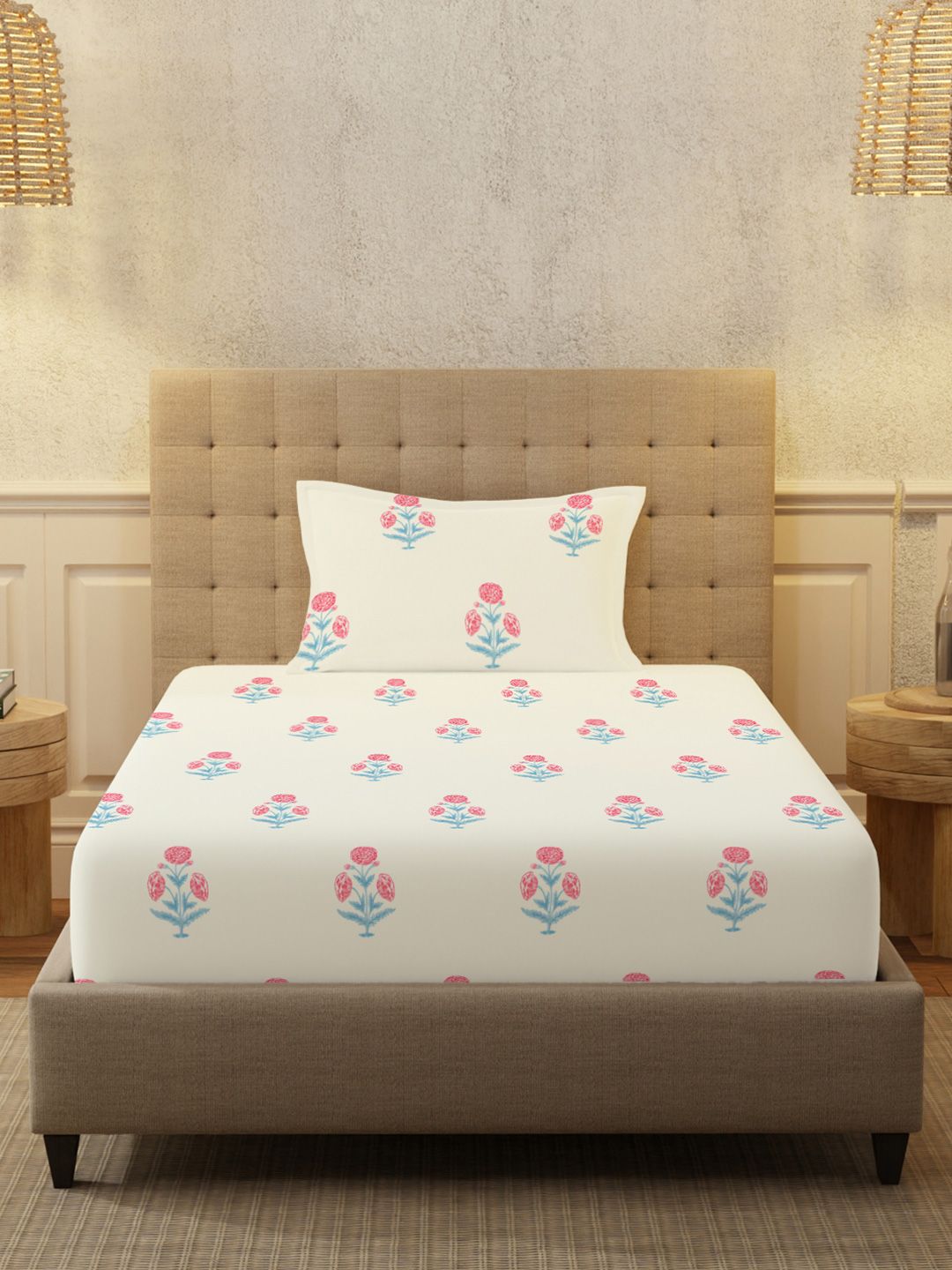 URBAN SPACE White Floral Cotton 200 TC Single Fine Bedsheet with a Pillow Cover-228 x 147 cm