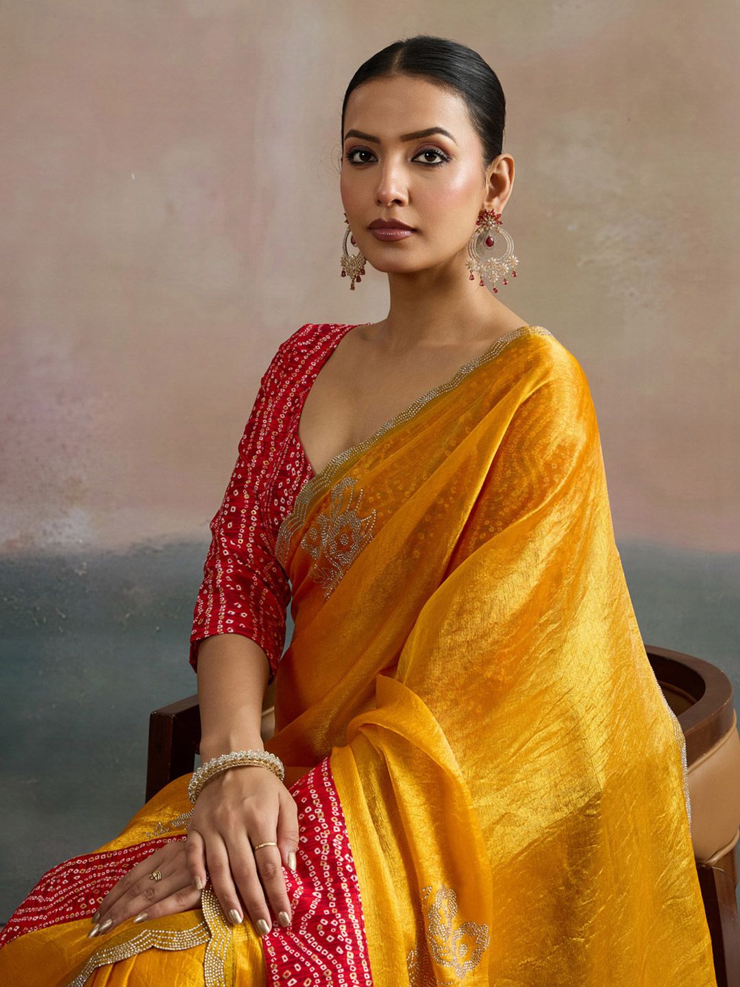 Anouk Yellow Pure Chiffon  Sarees