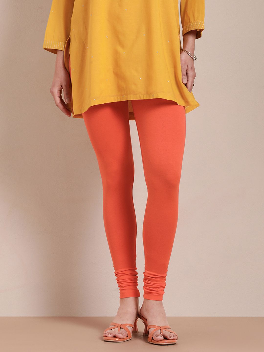TWIN BIRDS Women Orange Solid Churidar-Length Leggings