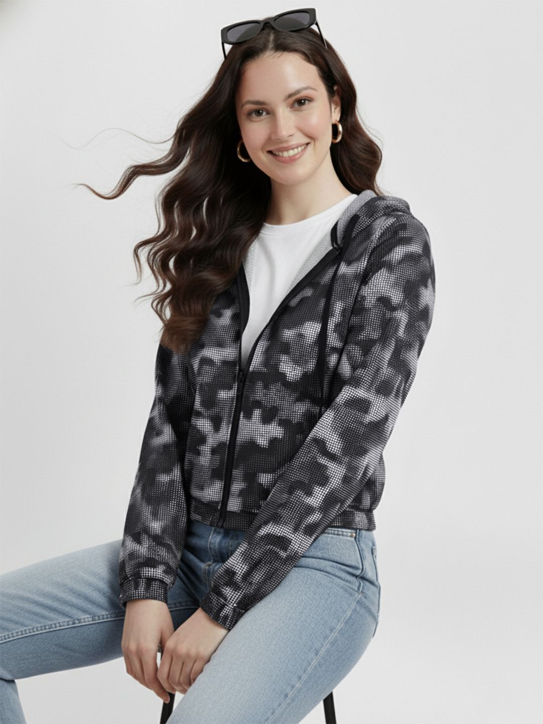 DressBerry Abstract Print Hooded Packable Bomber Jacket