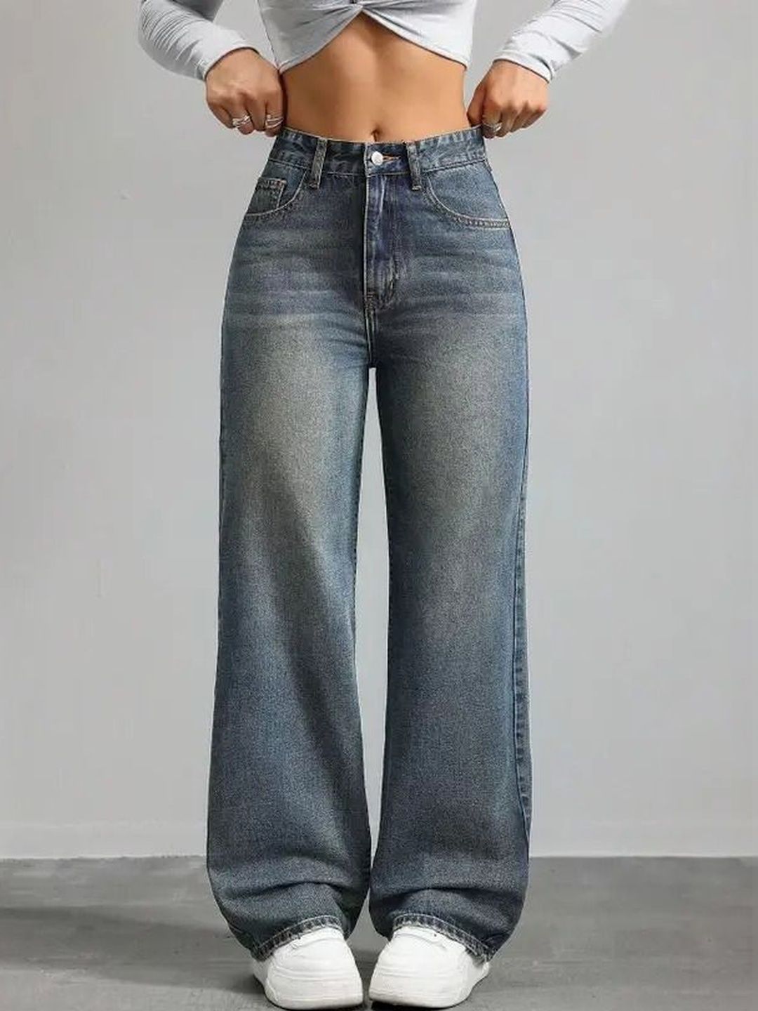 VBEAUTI Women Jean Wide Leg High-Rise Heavy Fade Stretchable Jeans