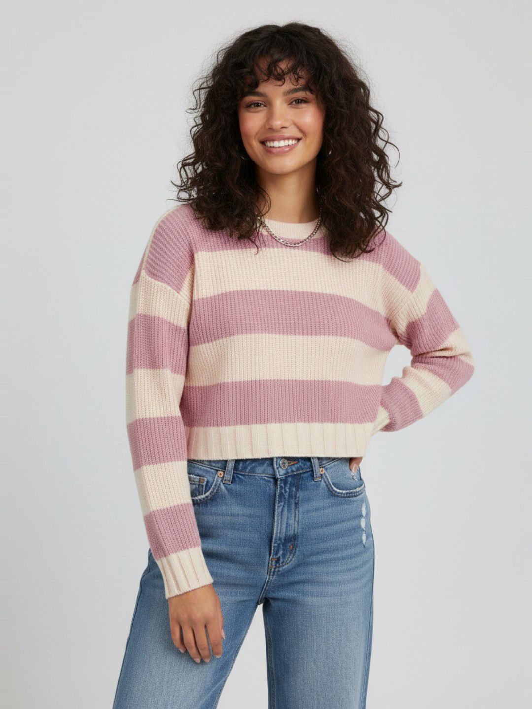 glitchez glitchez Horizontally Self-Striped Drop-Sleeves Crop Boxy Fit Acrylic Pullover