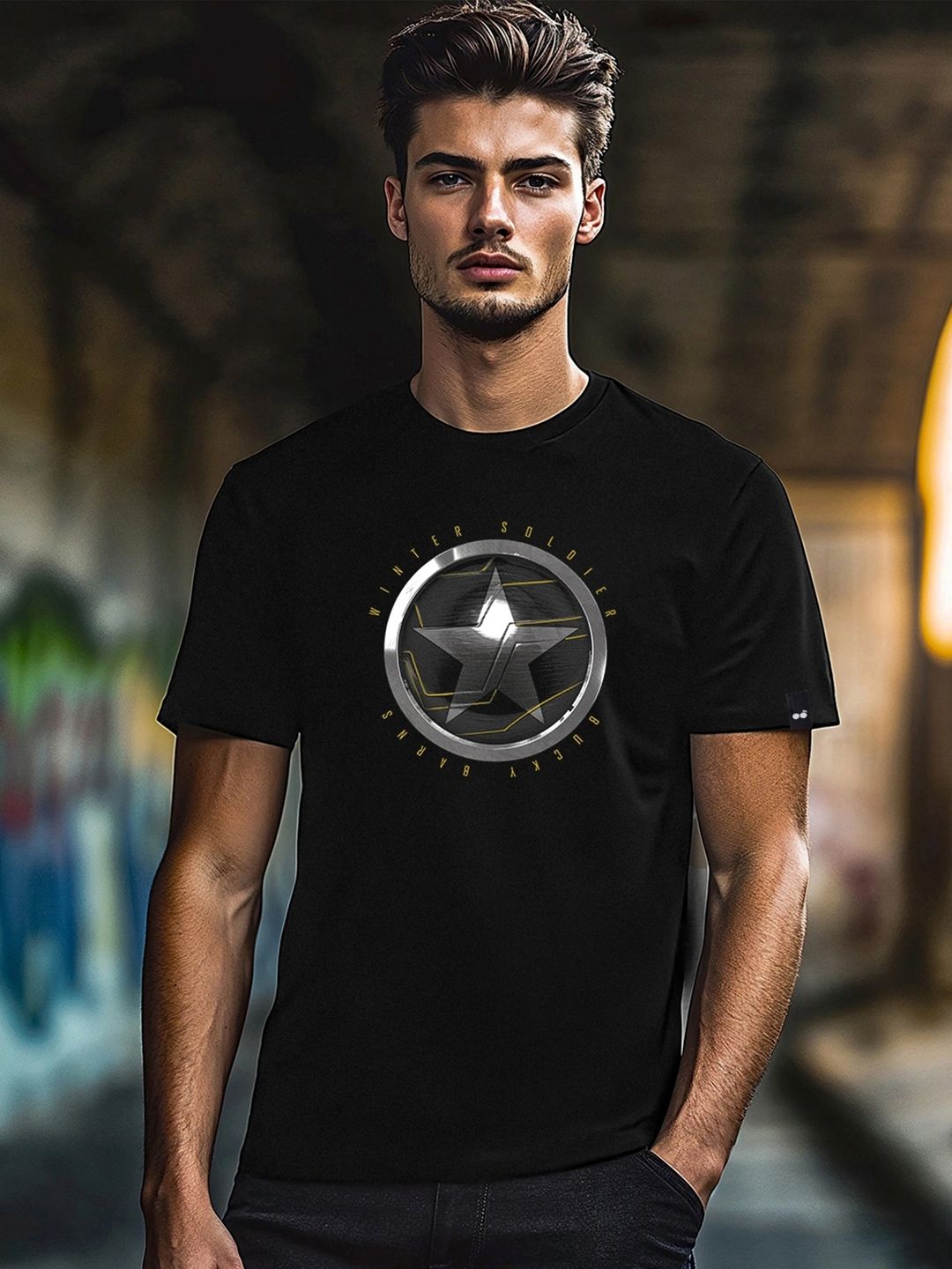 Bewakoof Men Black Winter Soldier Printed Applique T-shirt