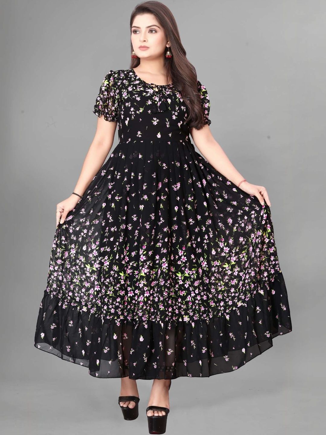 QENA Floral Print Puff Sleeve Georgette A-Line Maxi Dress