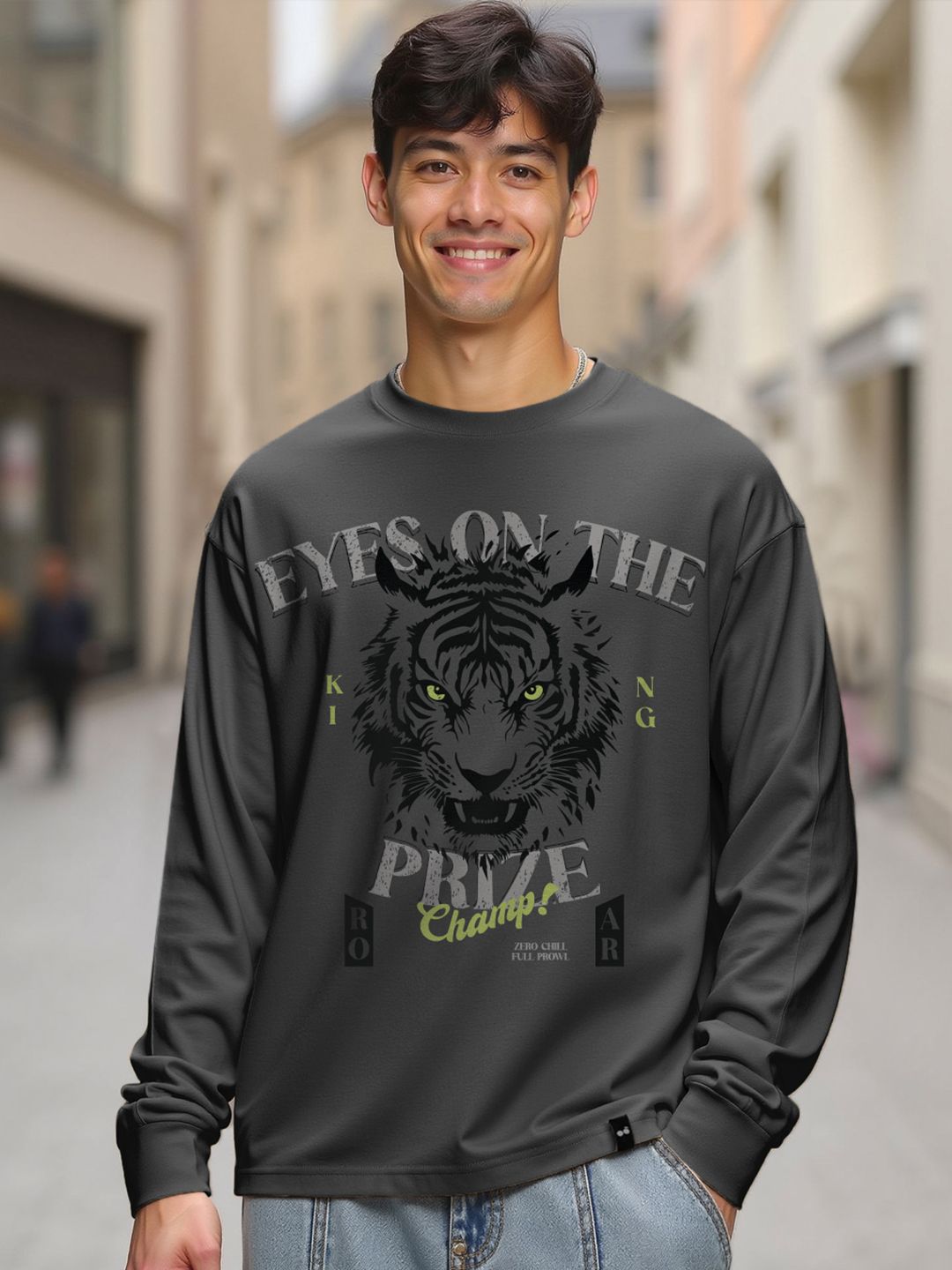 Bewakoof Men's Dark Shadow Grey Eyes On The Prize Graphic Printed Oversized T-shirt