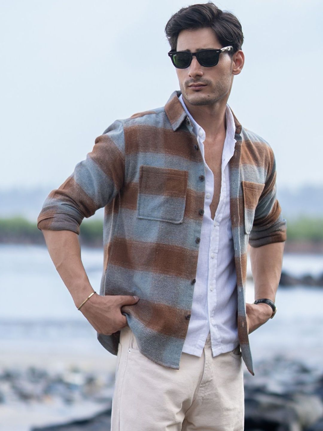 Powerlook Brushed Checks Horizontal Stripes Cotton Long Sleeves Shirt
