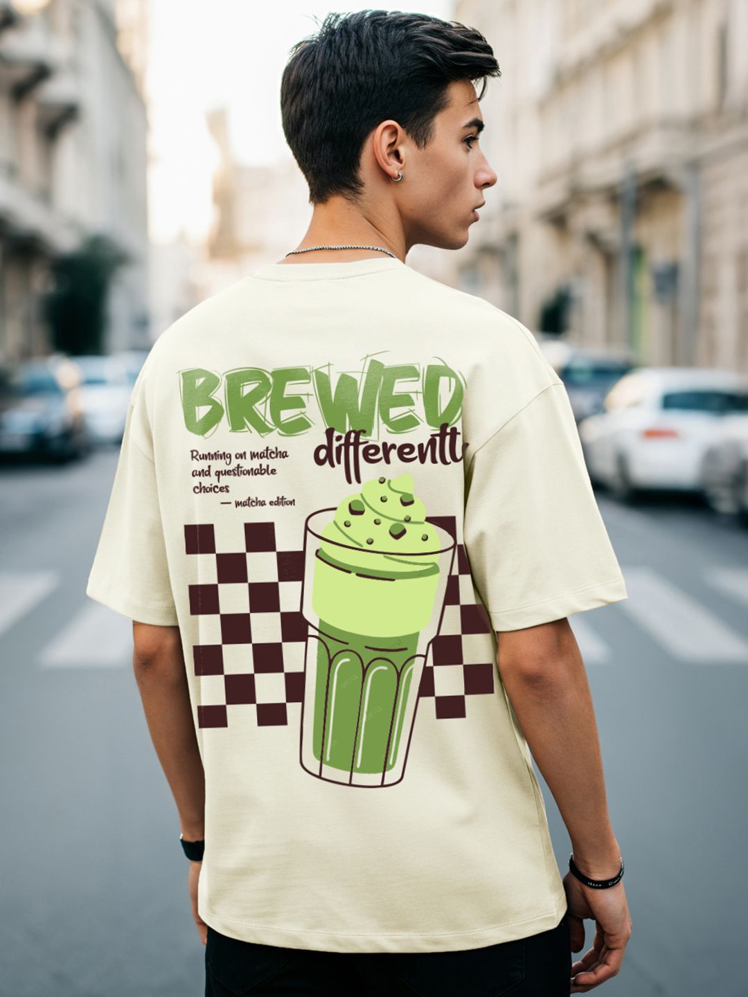 Bewakoof Heavy Duty Men's Off White Brewed Graphic Printed Oversized T-shirt