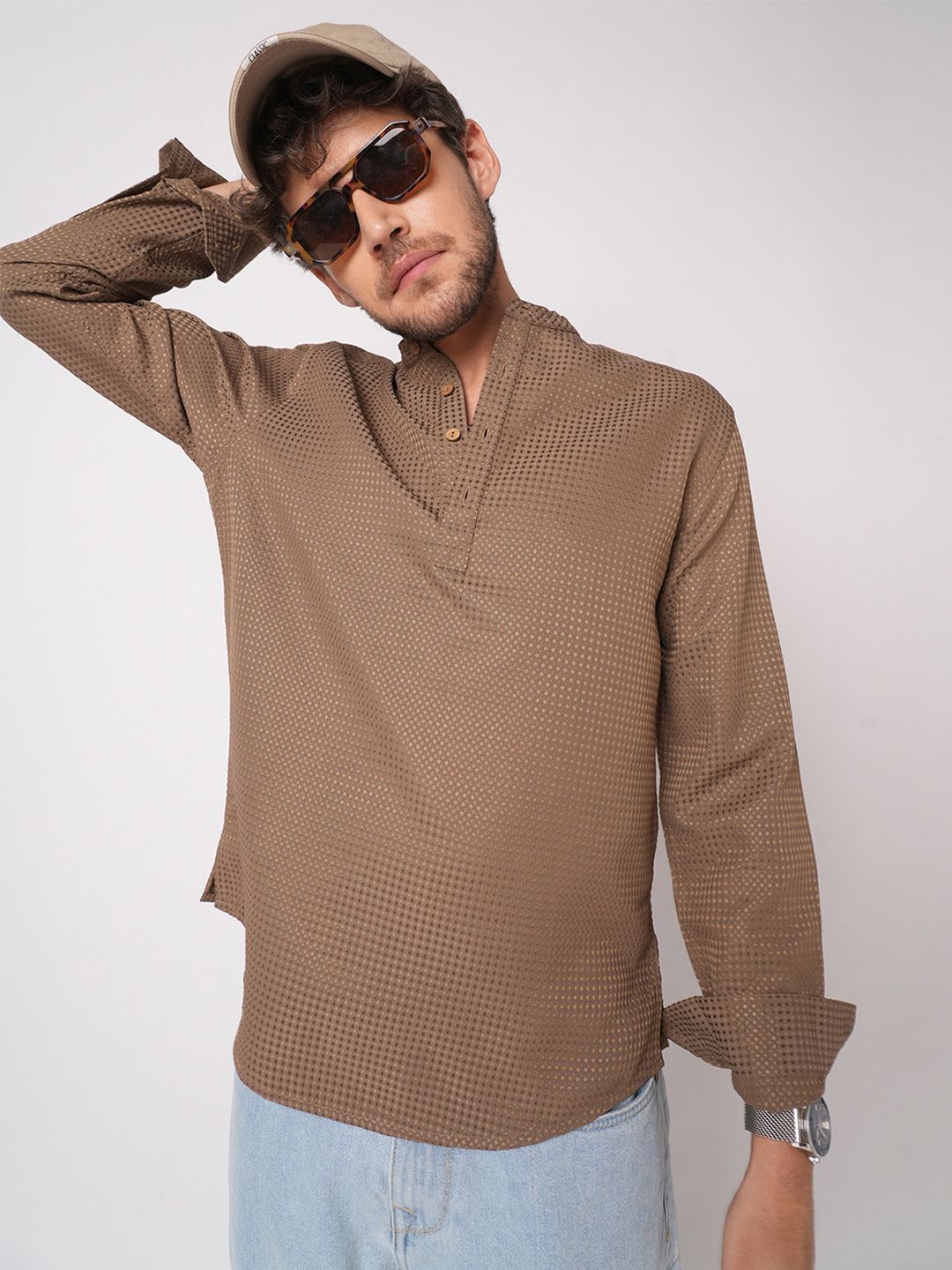 VASTRADO Brown Dot Embossed Self Design Band Collar Straight Kurta
