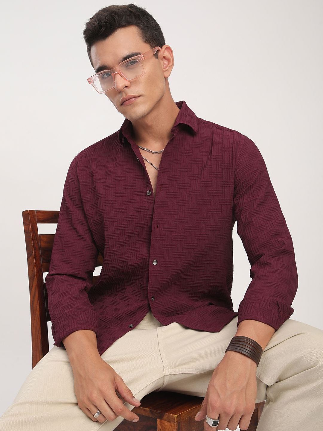 VASTRADO Self Textured Polyester Long Sleeves Slim Fit Shirt