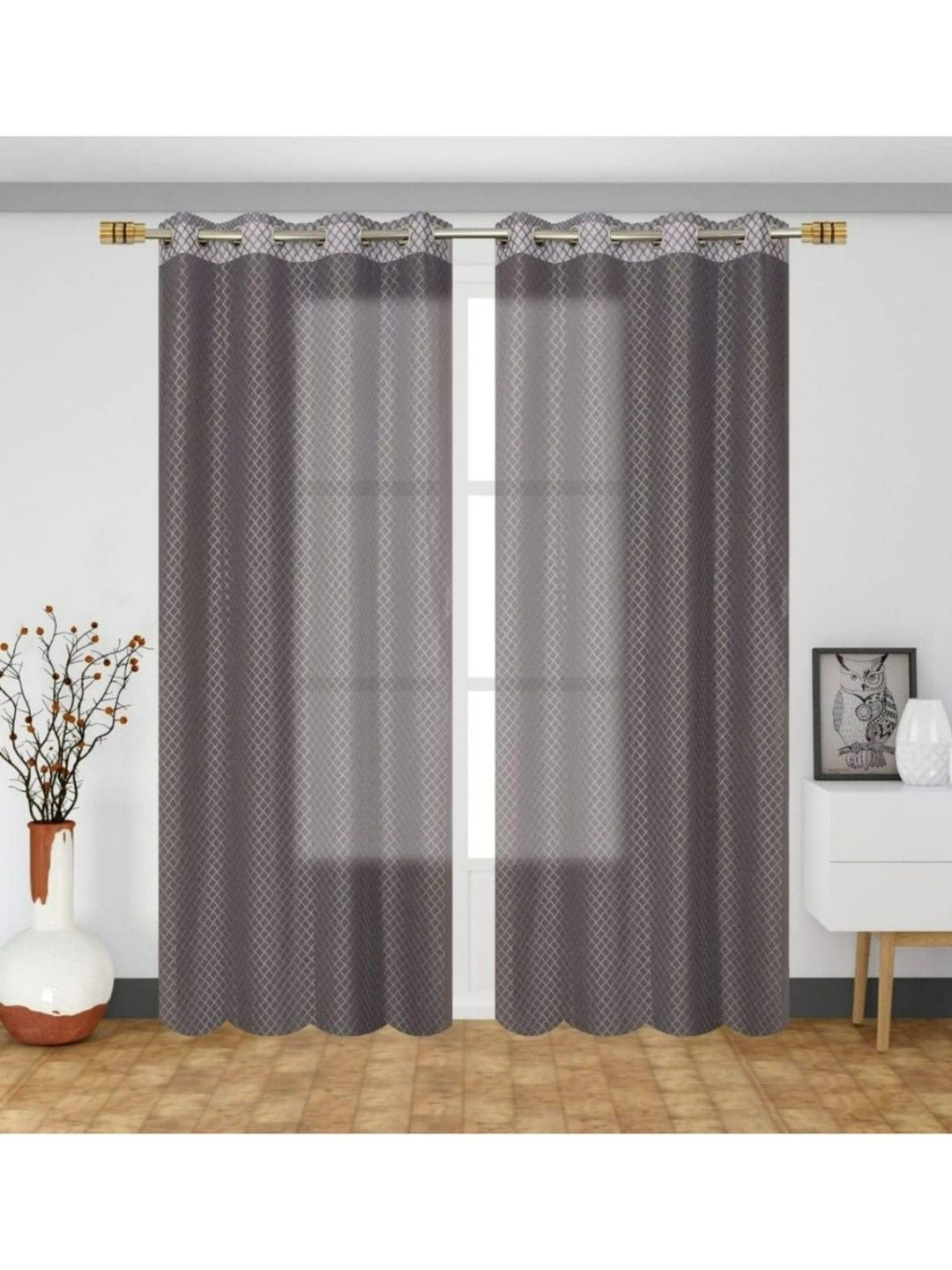 UrbanArts Grey Set of 2 Embroidered Sheer Window Curtain