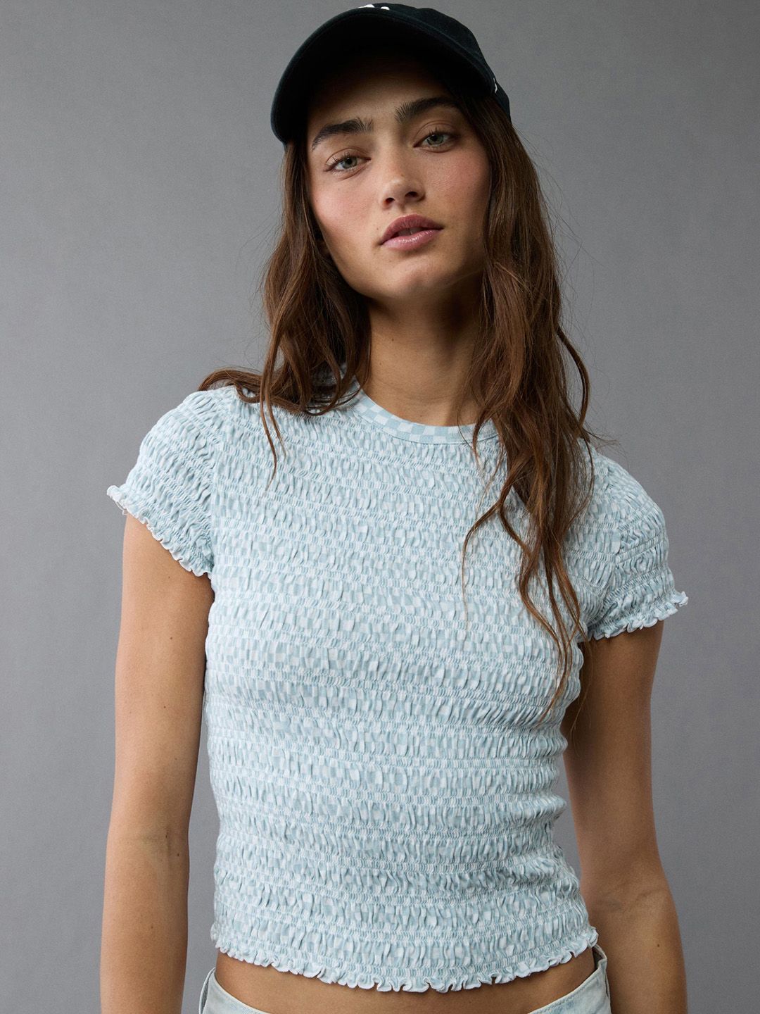 AMERICAN EAGLE OUTFITTERS Self Design Smocked Round Neck Cotton Slim Fit T-shirt
